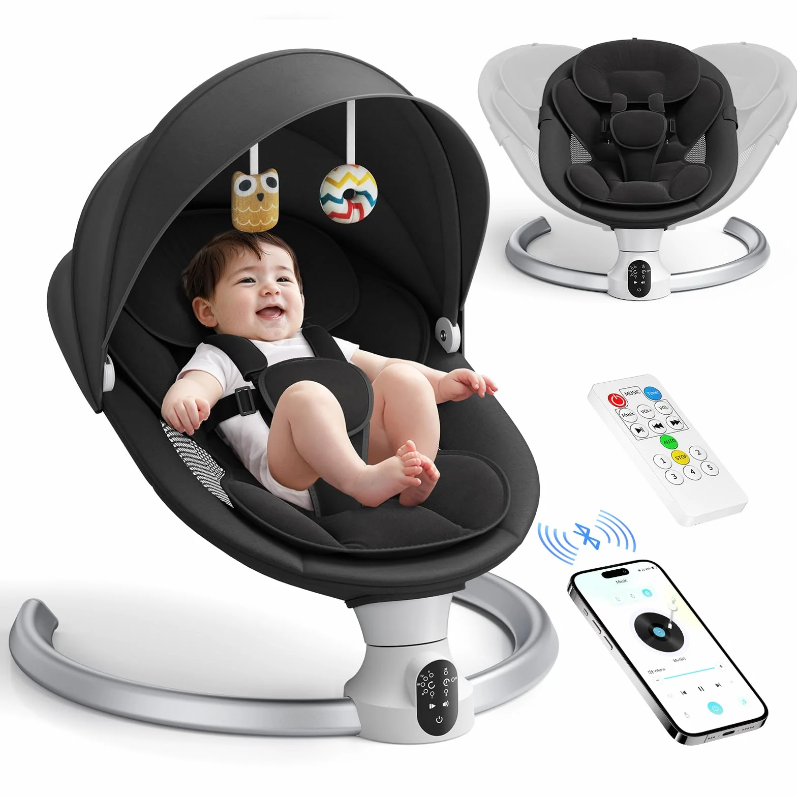 Babywippe Elektrisch - App & Fernbedienung Babyschaukel Elektrisch Mit 3 Timer, 5 Schaukelgeschwindigkeiten, 10 Musik, Bluetooth Verbindung Weich Gepolstert Baby Wippe (Schwarz)