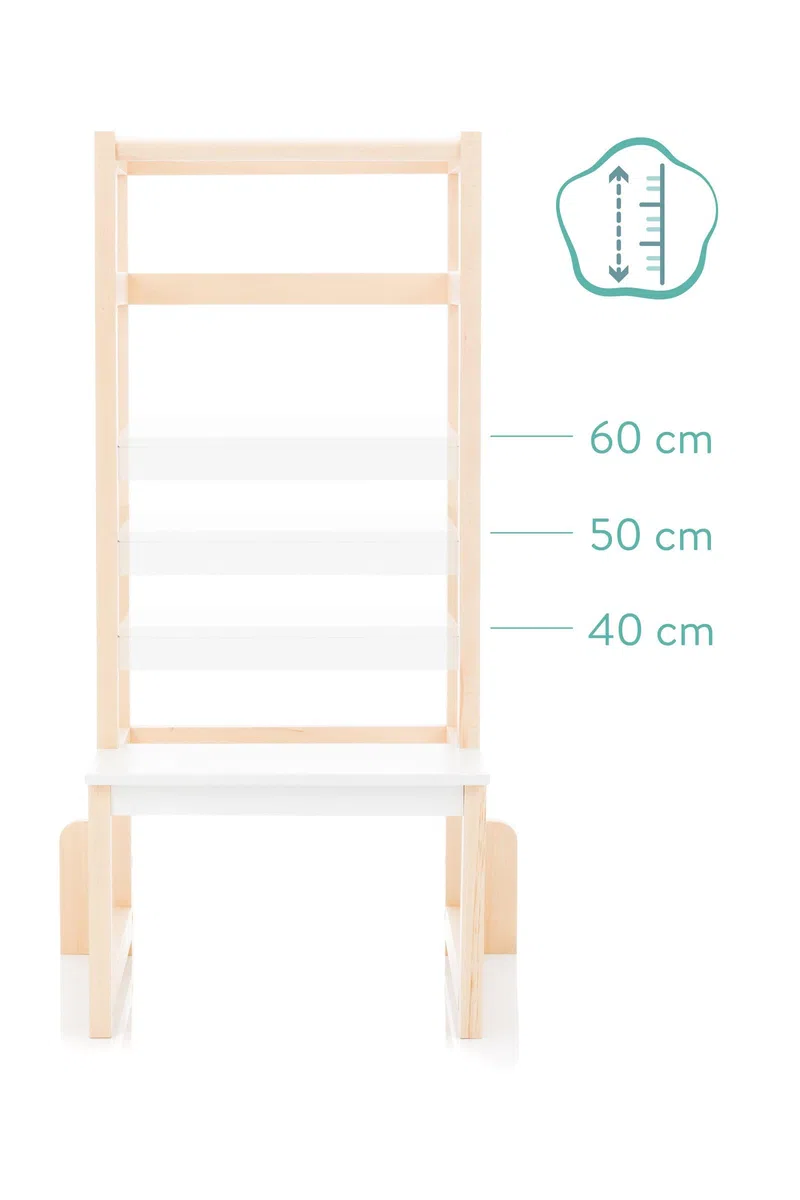 Fillikid Kinder Lernturm | Entdeckertum mitwachsend aus Buchenholz | Lerntower Montessori Lernstuhl ab ca. 1 Jahr | Küchenhelfer höhenverstellbar, extrem kippsicher