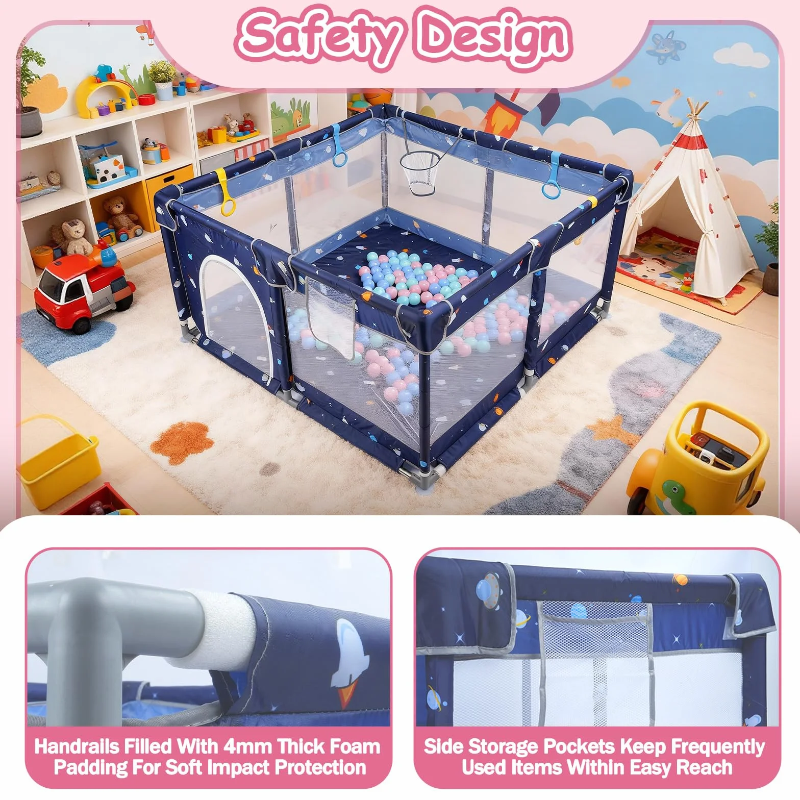 Laufstall Baby 130 x 130 x 66 cm, Laufgitter Baby, Laufstall mit Zugringen, Bällen, Atmungsaktivem Netz, Rutschfestem Boden, Sicherheitsspielplatz Schutzgitter für Kinder (Cartoon,130CM)