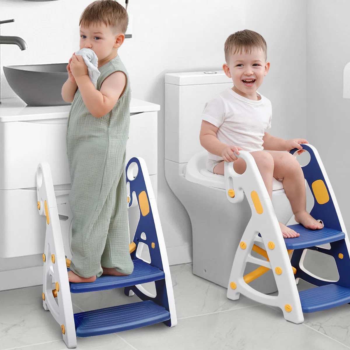 Primlect Töpfchentraining Toilette, 2 in 1 Stabiler Töpfchensitz mit Tritthocker | Verstellbare Sitz- und Stufenhöhe, extra breite Stufe, Anti-Rutsch-Pad, Spritzschutz, für Jungen und Mädchen, Blau
