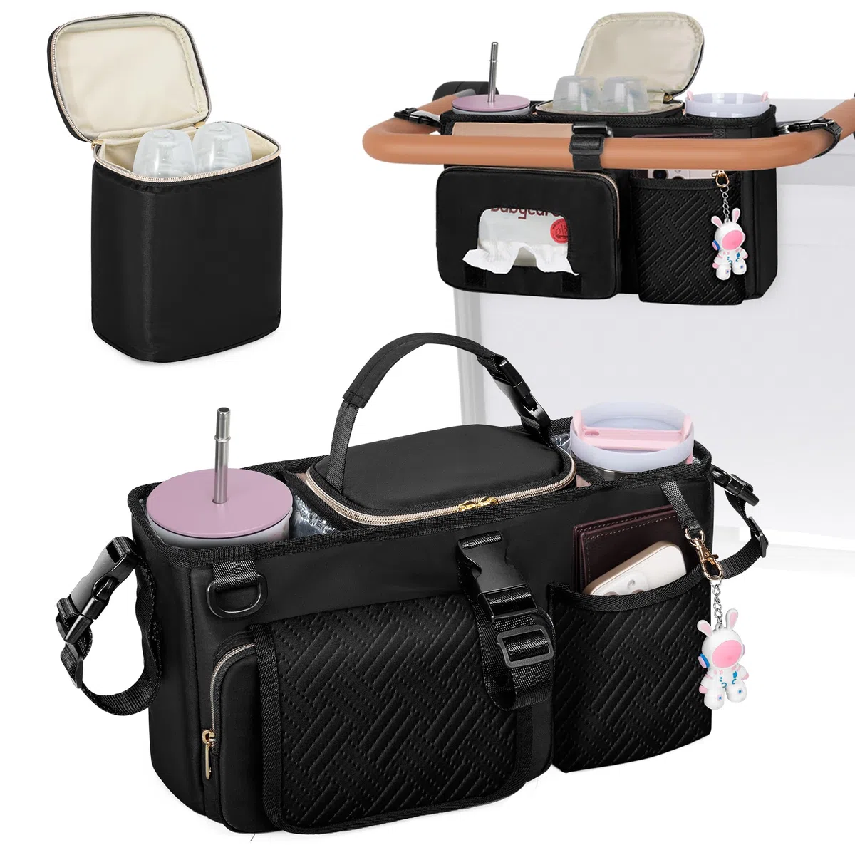 Kinderwagen Organizer für Elternkonsole, Kompatibel mit WONDERFOLD W2, Kinderwagen Caddy mit 2 Isolierten Getränkehaltern und Abnehmbarer Kühltasche, Schwarz (Leere Tasche)