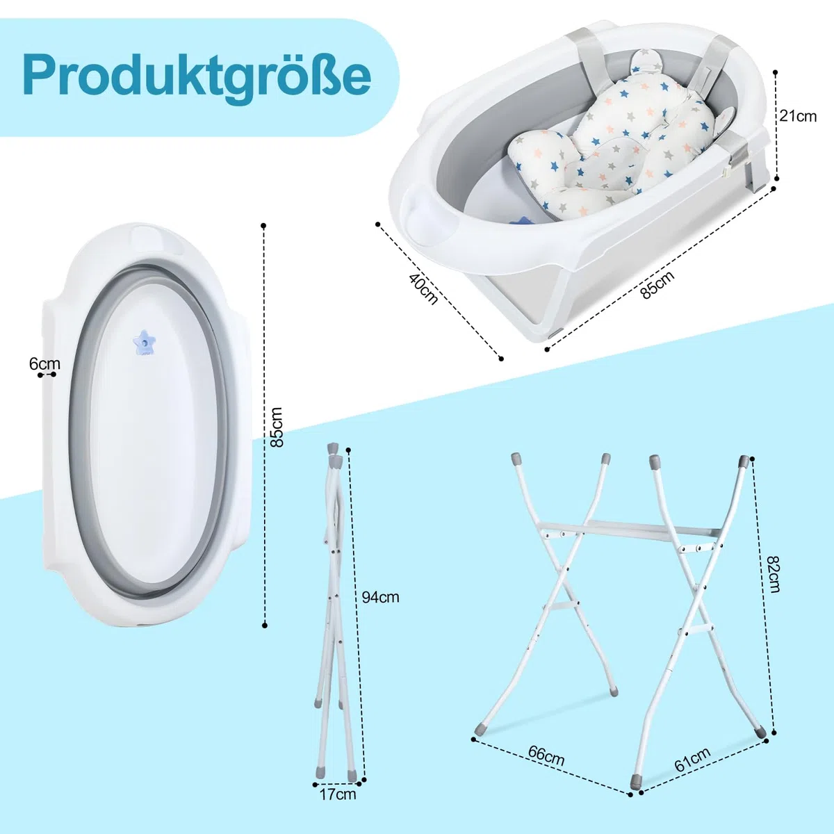 Baby Badewanne, Faltbar Babybadewanne mit Gestell 80cm, Baby Badewanne mit Temperatursensor und Bath Mat, Babybadewanne Neugeborene, Grau