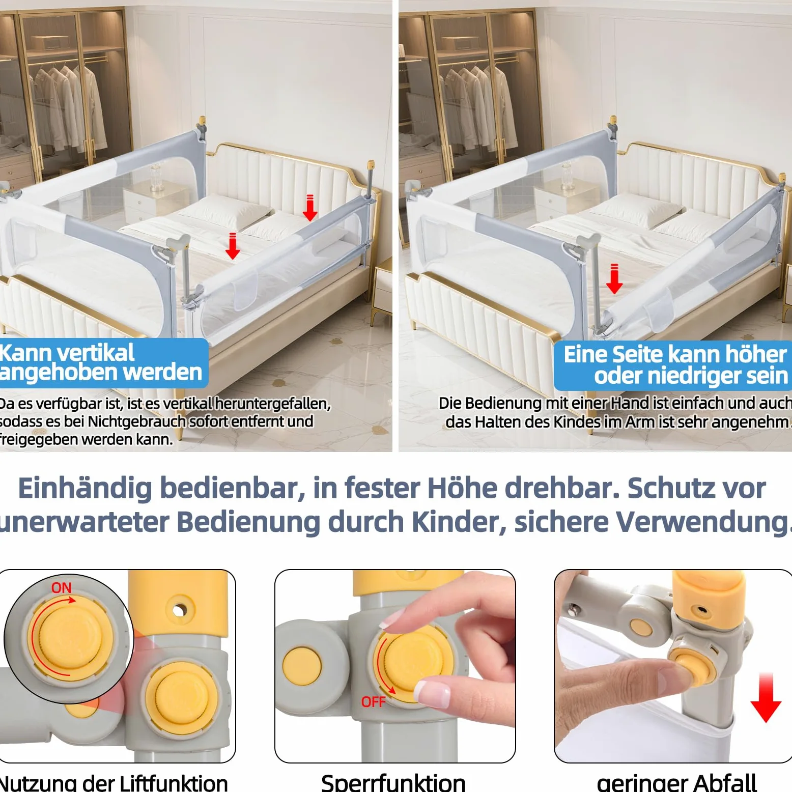 OUUTMEE 200cm Bettschutzgitter Bett Rausfallschutz Kinder Klappbar Rausfallschutz 30 Fach Höhenverstellbar Bettgitter,Grau-Weißes Farbblockmuster