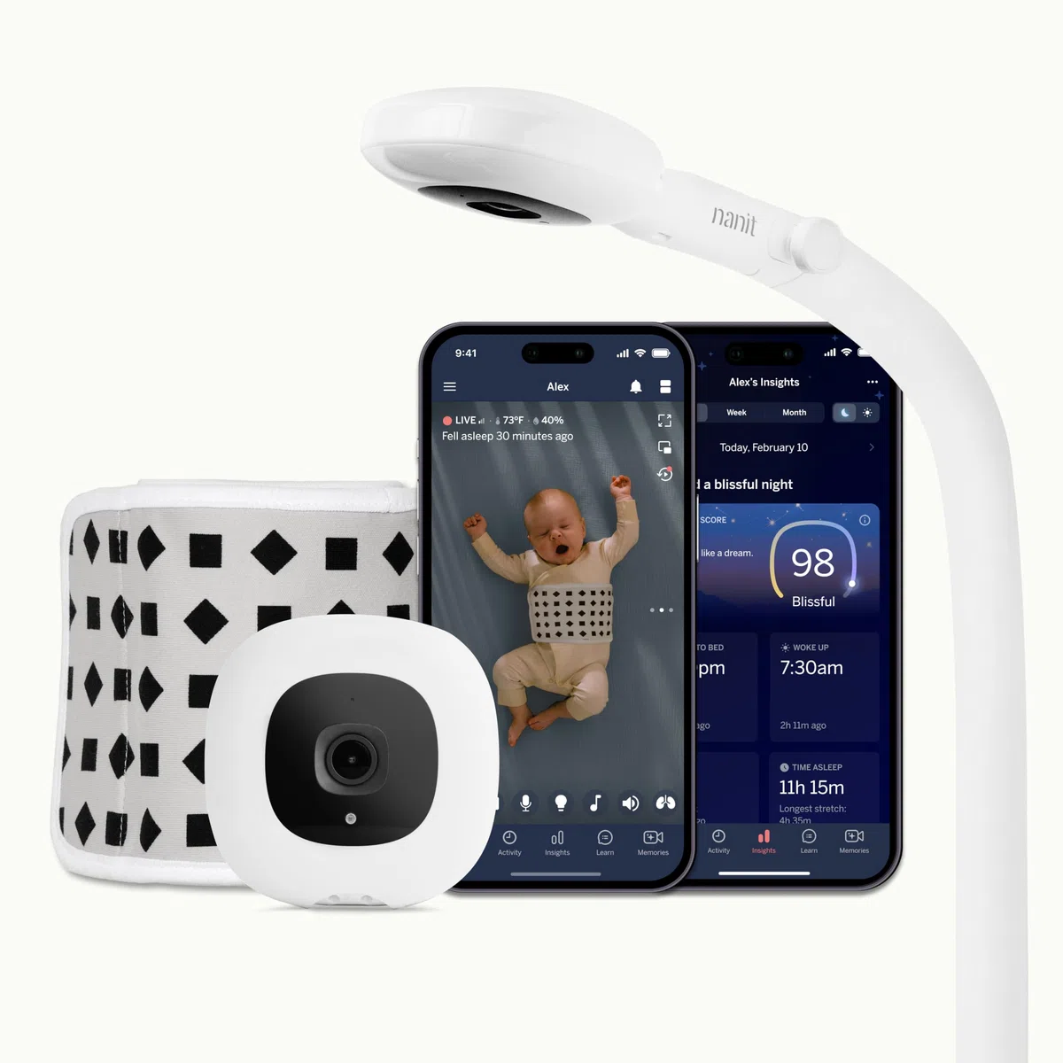 Nanit Pro Babyphone mit Kamera, Bodenständer - Baby Kamera mit 1080p Video & Audio, Schlaftrainer, WLAN, iOS/Android - Weiß
