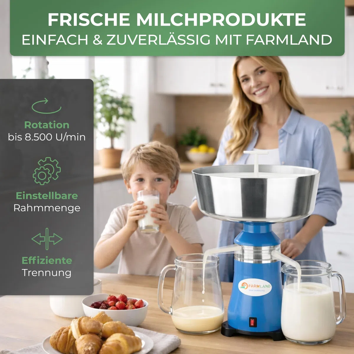 Farmland Milchzentrifuge elektrisch - Leistungsstarker Milchseparator für 90 l/h - Hochwertiger Milchabscheider - Zentrifuge Milch für Anfänger & Profis - Einstellbare Rahmmenge 7-10%