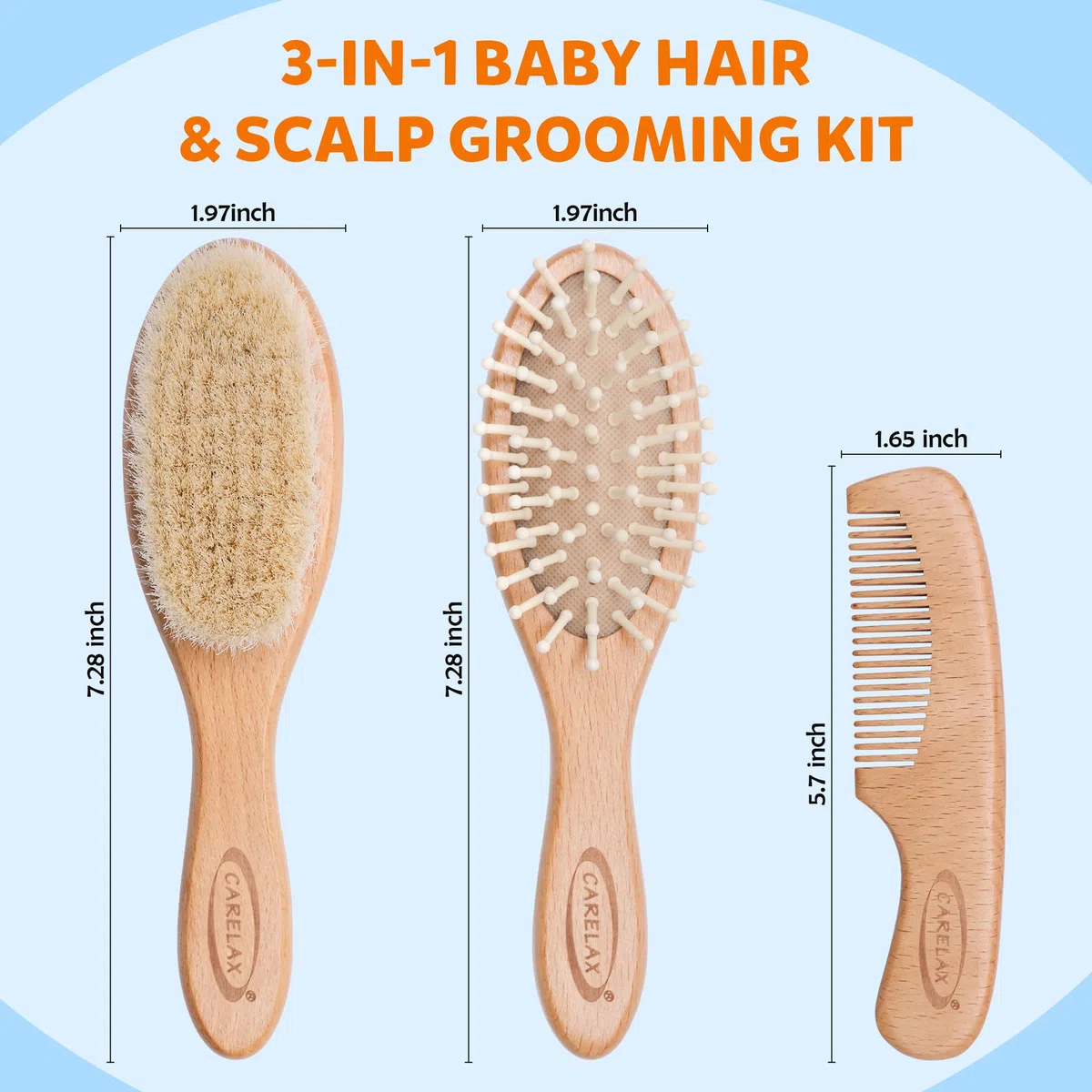 Baby Haarbürste & Kamm Set, Bio Holz Haarbürste Natürliche Ziegenborsten 3-teilig für Neugeborene & Kleinkinder, Ideal für Wiegenmütze & Juckreiz, Perfektes Dusch- und Registrierungsgeschenk für