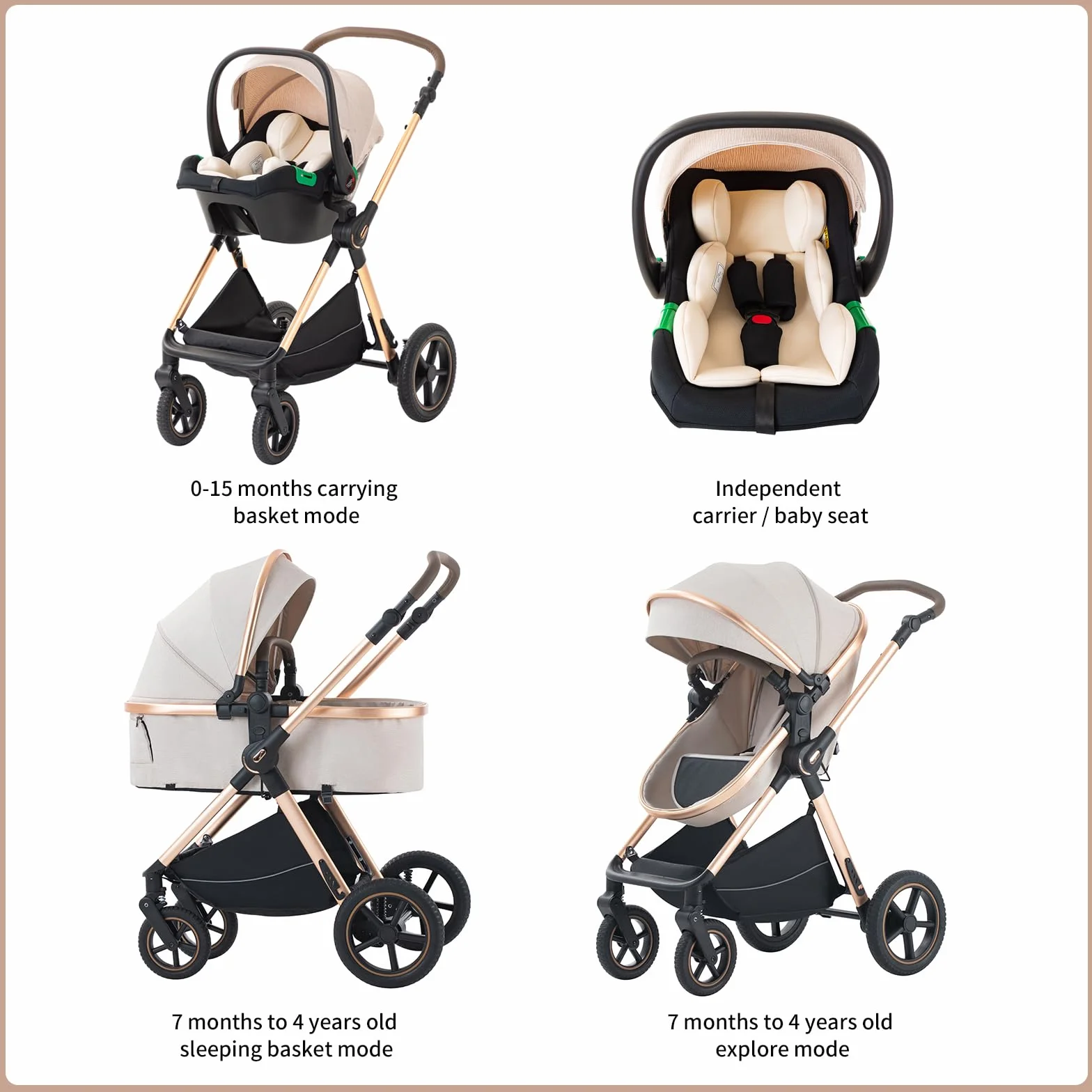 BEBBY 3-in-1 Kinderwagen Kombi-Set faltbar Luxus Neugeborenes Travel System (D2-RICEWHITE, H2-D)
