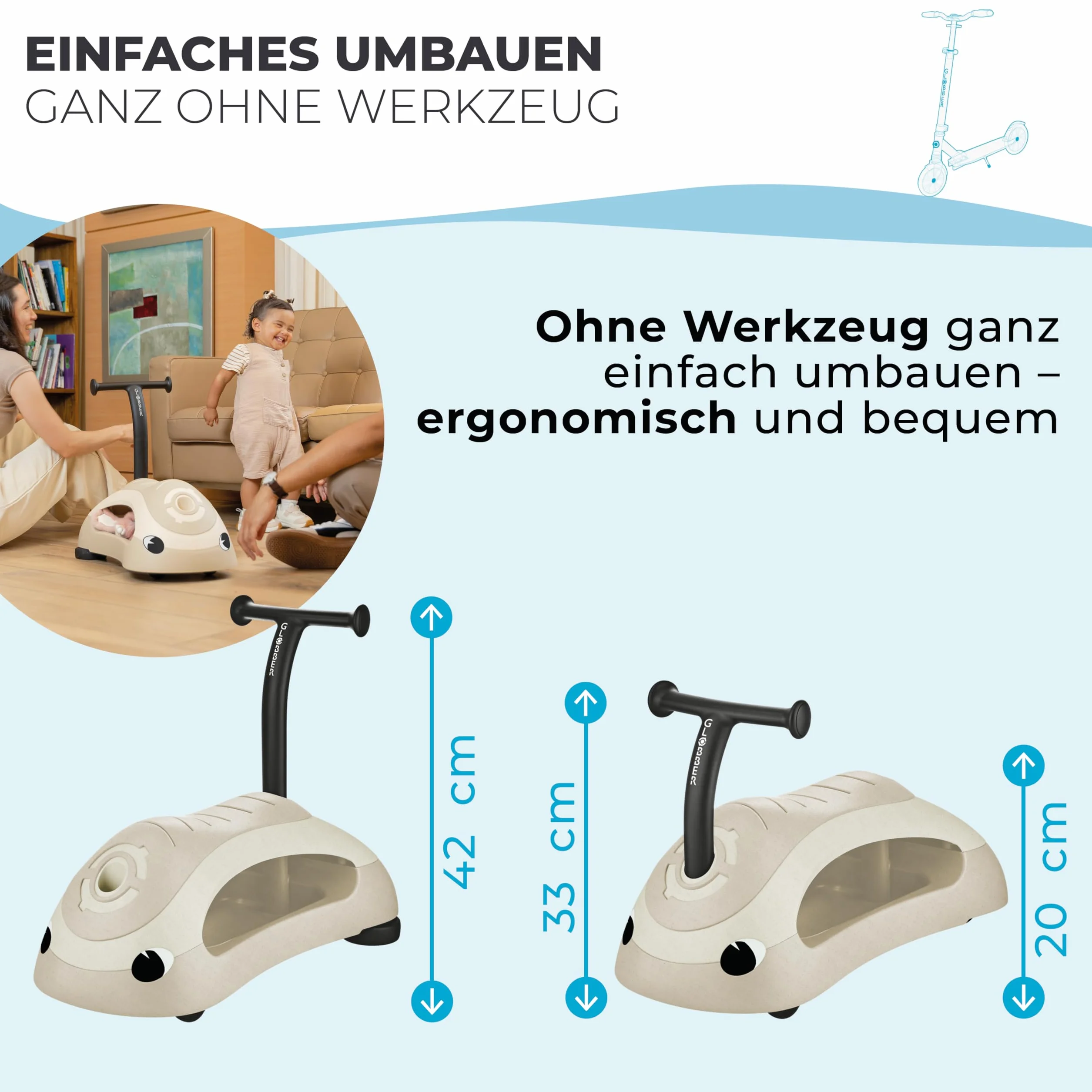 GLOBBER Walk N' ROLL 2in1 ECO – Lauflernwagen & Rutschauto ab 1 Jahr, Eva-Rollen, nachhaltiger Kunststoff mit Strohfasern, 2in1 umbaubar, kokos weiß