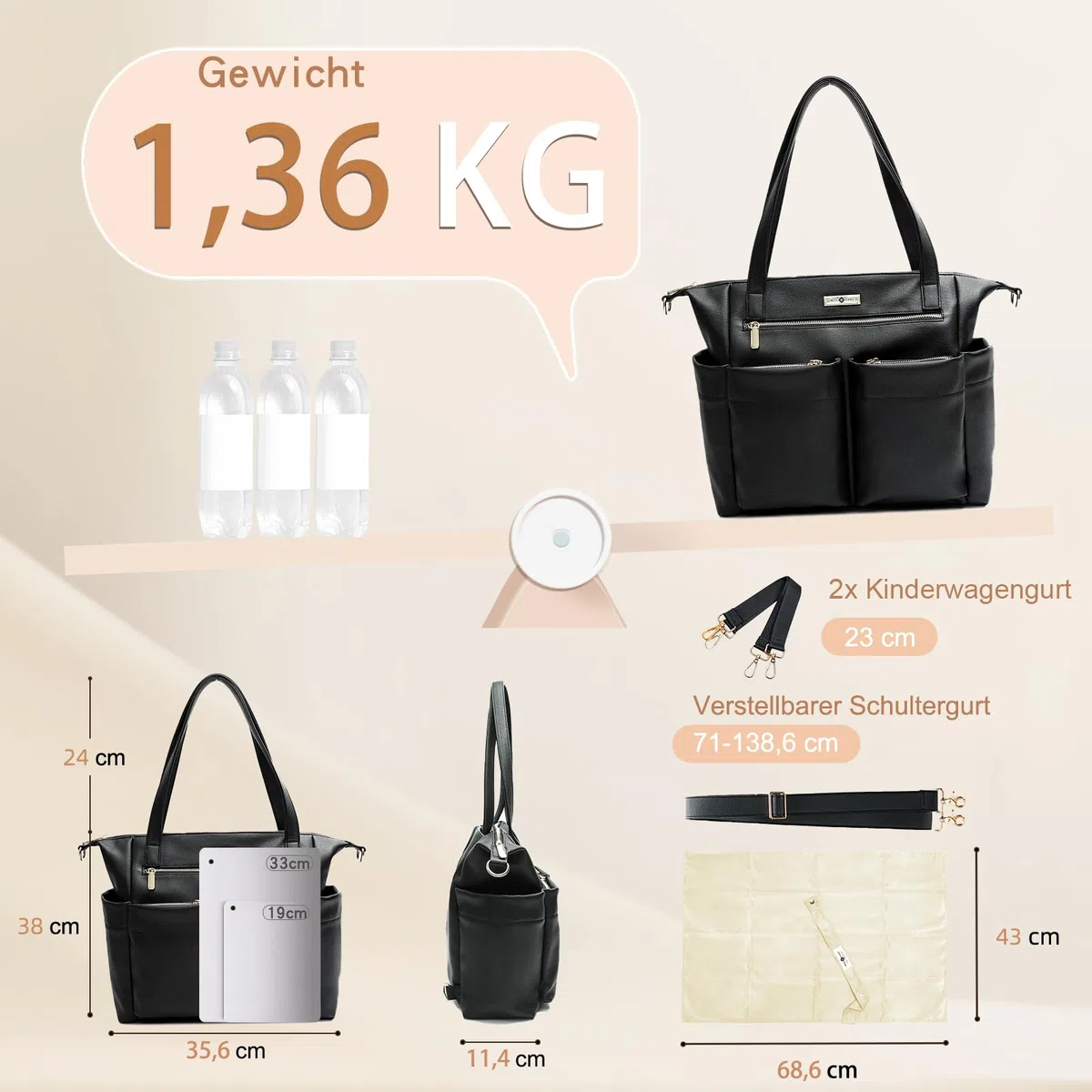 MISS FONG Baby Wickeltasche Wickelrucksack Kinderwagen Tasche Große Rucksack Kliniktasche Geburt Mama Tasche Bag lässig Babytasche Mit Wickelunterlage für Unterwegs -Schwarz