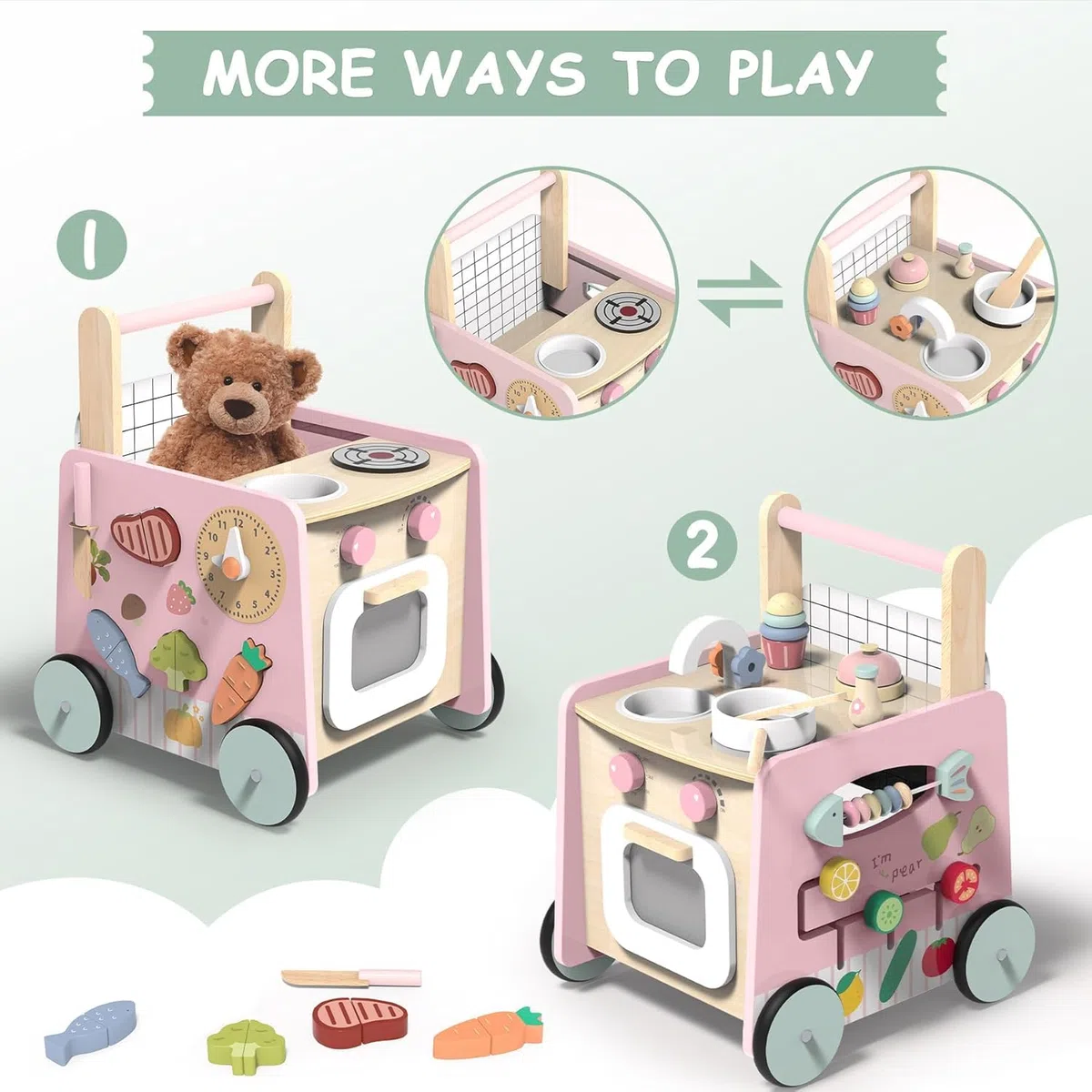 VITONIS Baby Lauflernwagen Holz, Lauflernhilfe mit Montessori Spielzeug Multifunktion, Holzspielzeug Kleinkinder, Baby Walker Spielzeug für Kinder, Geschenk für Jungen und Mädchen, Rosa