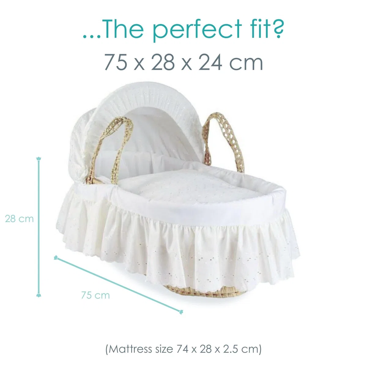 Clair de Lune Babykorb mit Broderie Anglaise Palme, mit Deluxe-Schaukelständer, Babywiege 75 x 28 cm