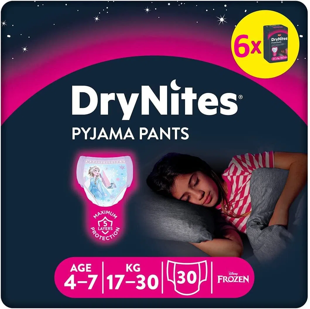 Huggies DryNites saugfähige Nachtwindeln bei Bettnässen, für Mädchen 4-7 Jahre (17-30 kg), 6 x 10 = 60 Windel-Pants, Monatsbox