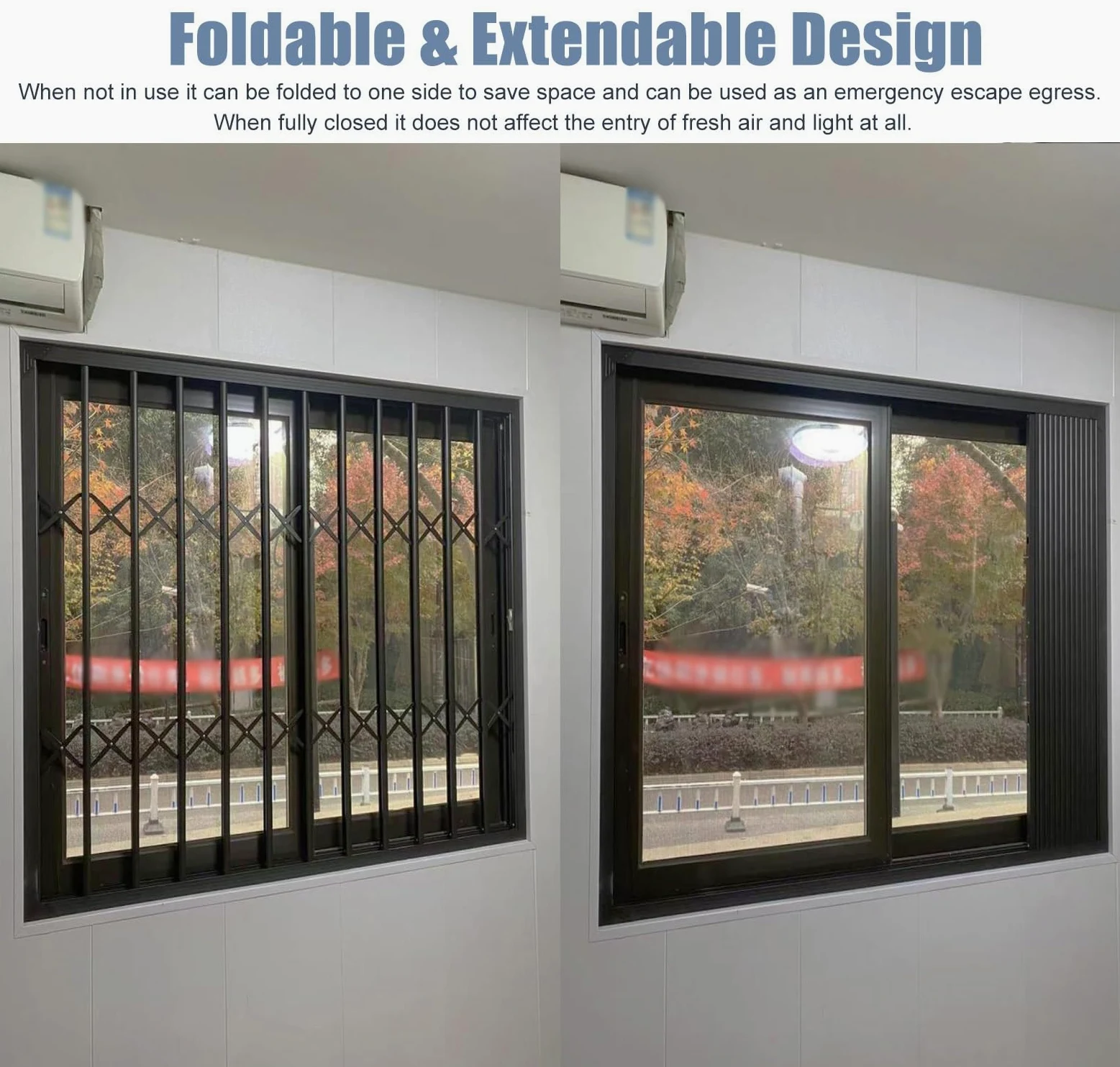 Fensterschutz für Schiebetüren, zusammenklappbar, Metall, sichere Schiene für Kinder und Haustiere, graue Fenstersicherung, ideal für Keller und Kindersicherung.