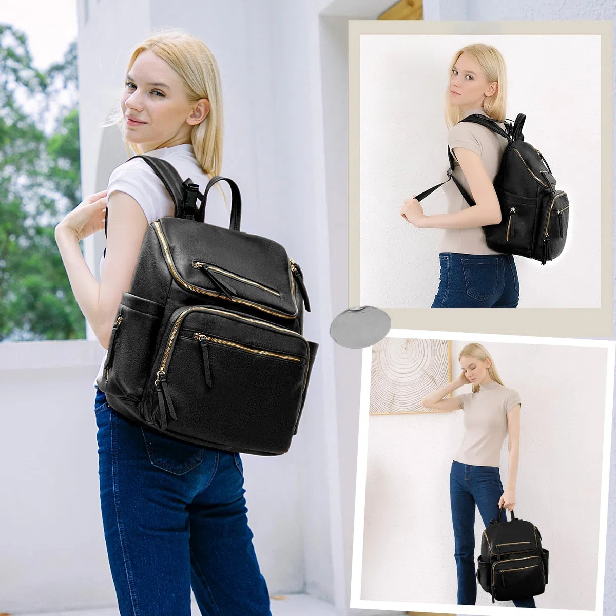 MISS FONG Baby Wickelrucksack Wickeltasche, Leder Wickelrucksack Groß Babytaschen Rucksack Lässig mit Multifunktions, 19 Wickeltasche Organizer, Wickelunterlage, Wickeltasch Kinderwagen Haken-Schwarz