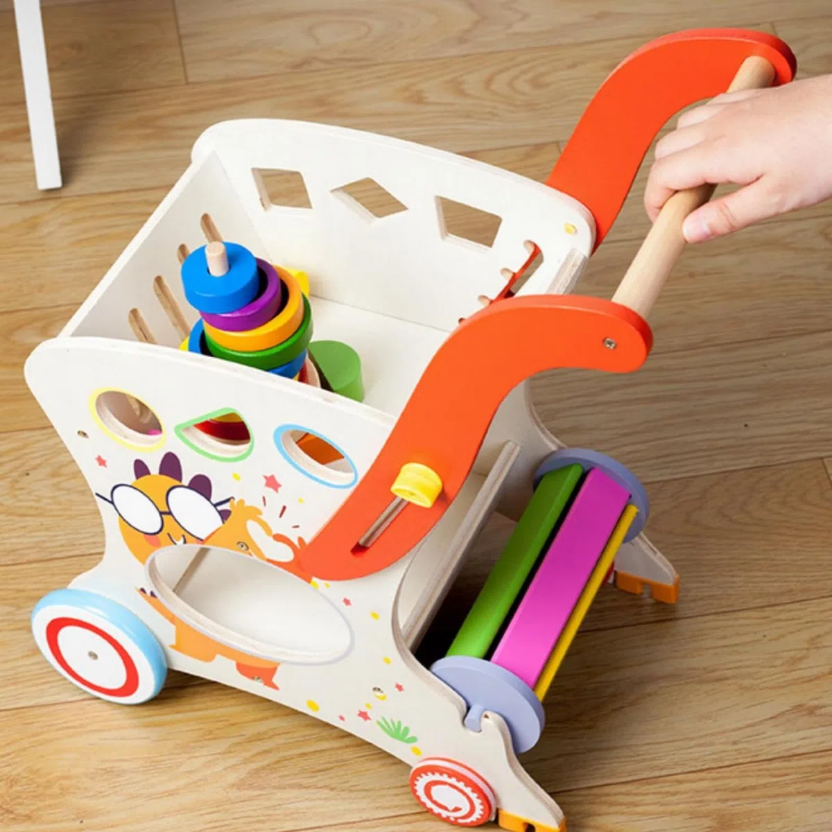 Colcolo Kinder Lauflernwagen Laufhilfe Babywagen Spielwagen Holz Kinderwagen mit Stabilem Rahmen Und Schiebekorb Fördert Frühes Gehen Und Fantasiespiele für Kleinkinder Drinnen Spielzimmer Geschenk