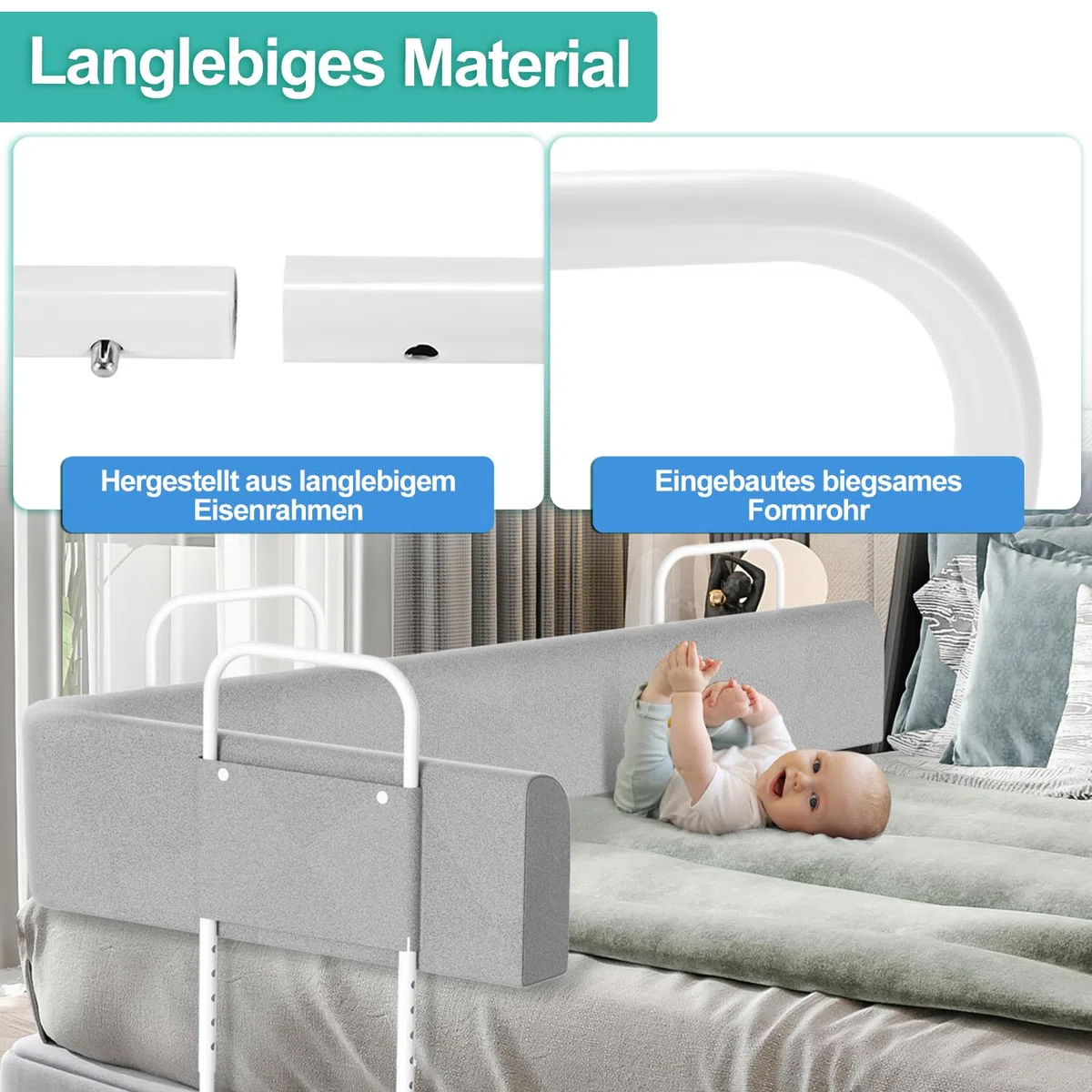2xBettgitter für Kinder 180cm, Bettschutzgitter 5-Loch Höhenverstellbar, Rausfallschutz Bett, Kinderbettgitter, klappbar Bettgitter, Einfach zu Montieren, Grau