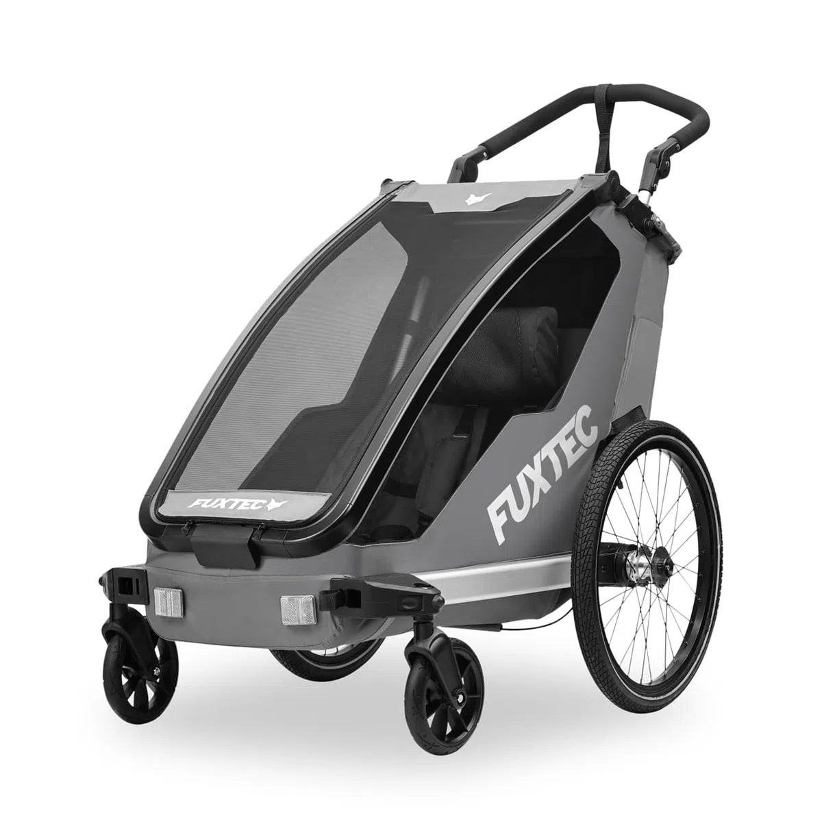 FUXTEC Kinderfahrradanhänger FX-FA1S, EIN-Sitzer faltbar mit Schiebegriff und Regenschutz, integrierter Anschnallgurt und Handgelenksband, max. Zuladung 35kg, inkl. Kupplung und Sicherheitsfahne