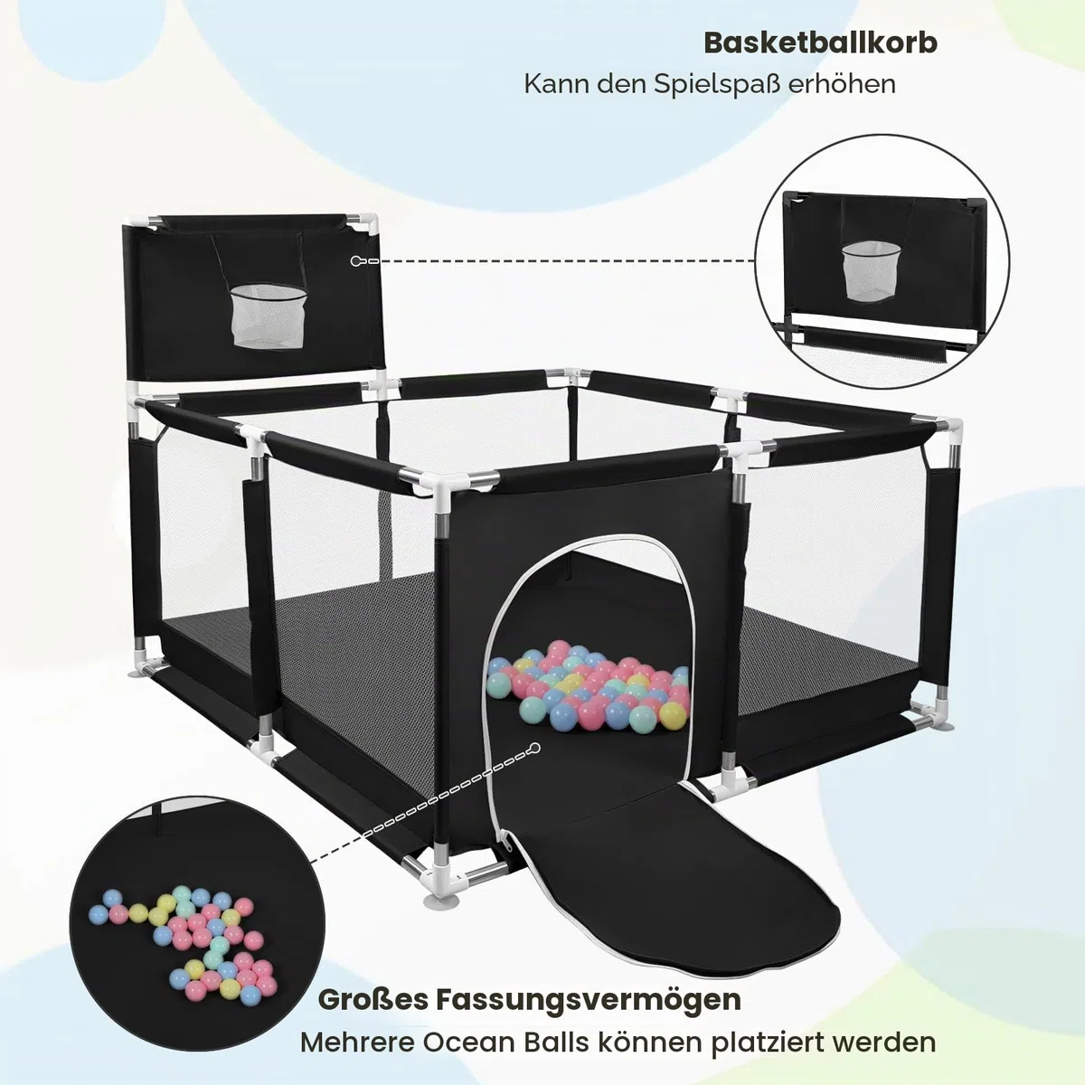 Laufgitter für Babys, modular, großer Laufstall klein, Spielplatz mit Ball, modular, faltbar, großer Laufstall mit Reißverschluss 126 x 126 x 66 cm, schwarz