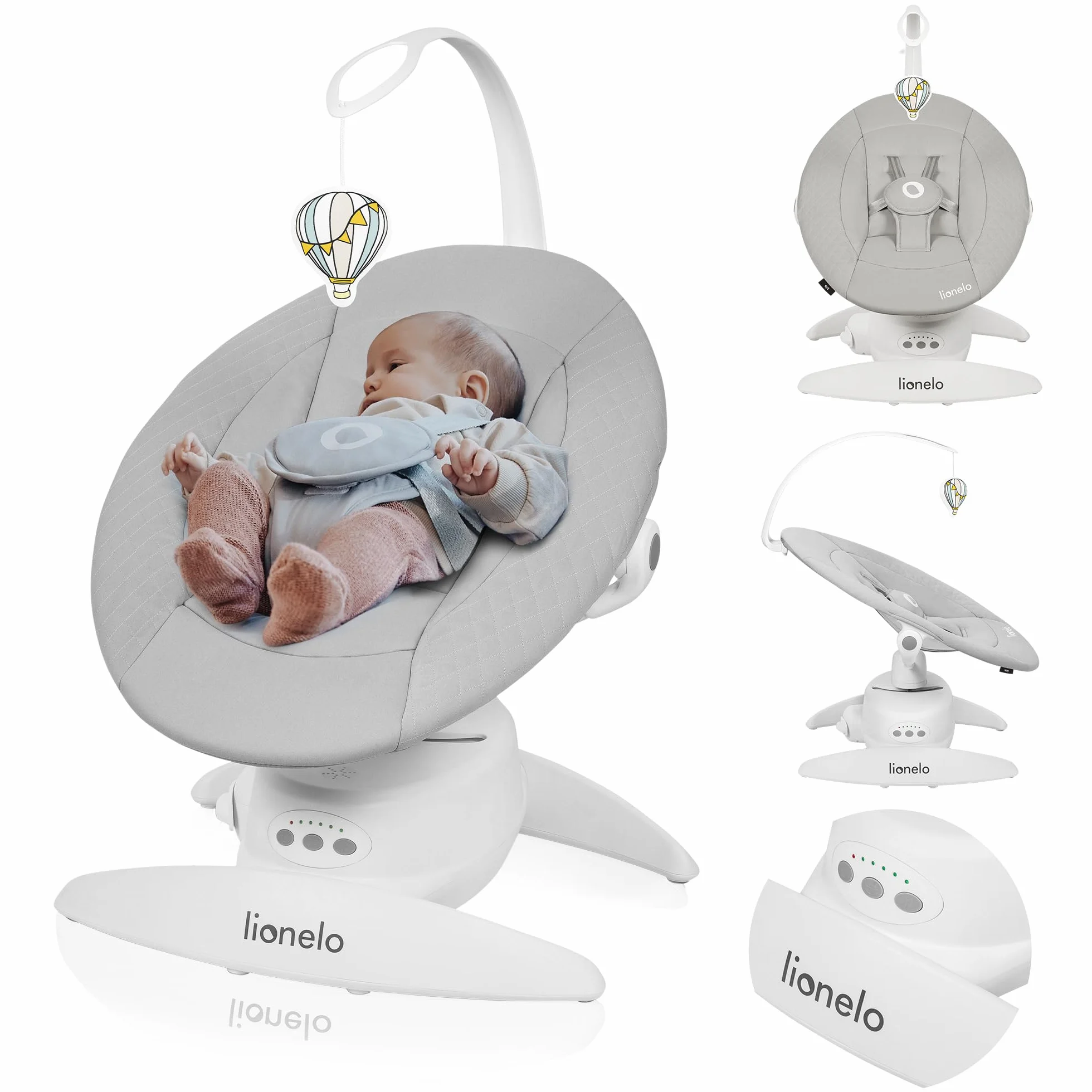 LIONELO Iris Elektrisch Babywippe 360o drehbar für Babys bis zu 9 kg | Verstellbare Rückenlehne, 5 Wiegegeschwindigkeiten Rutschfester Sicherheitsgurt, 12 Melodien Bügel mit Spielzeug Babypflege