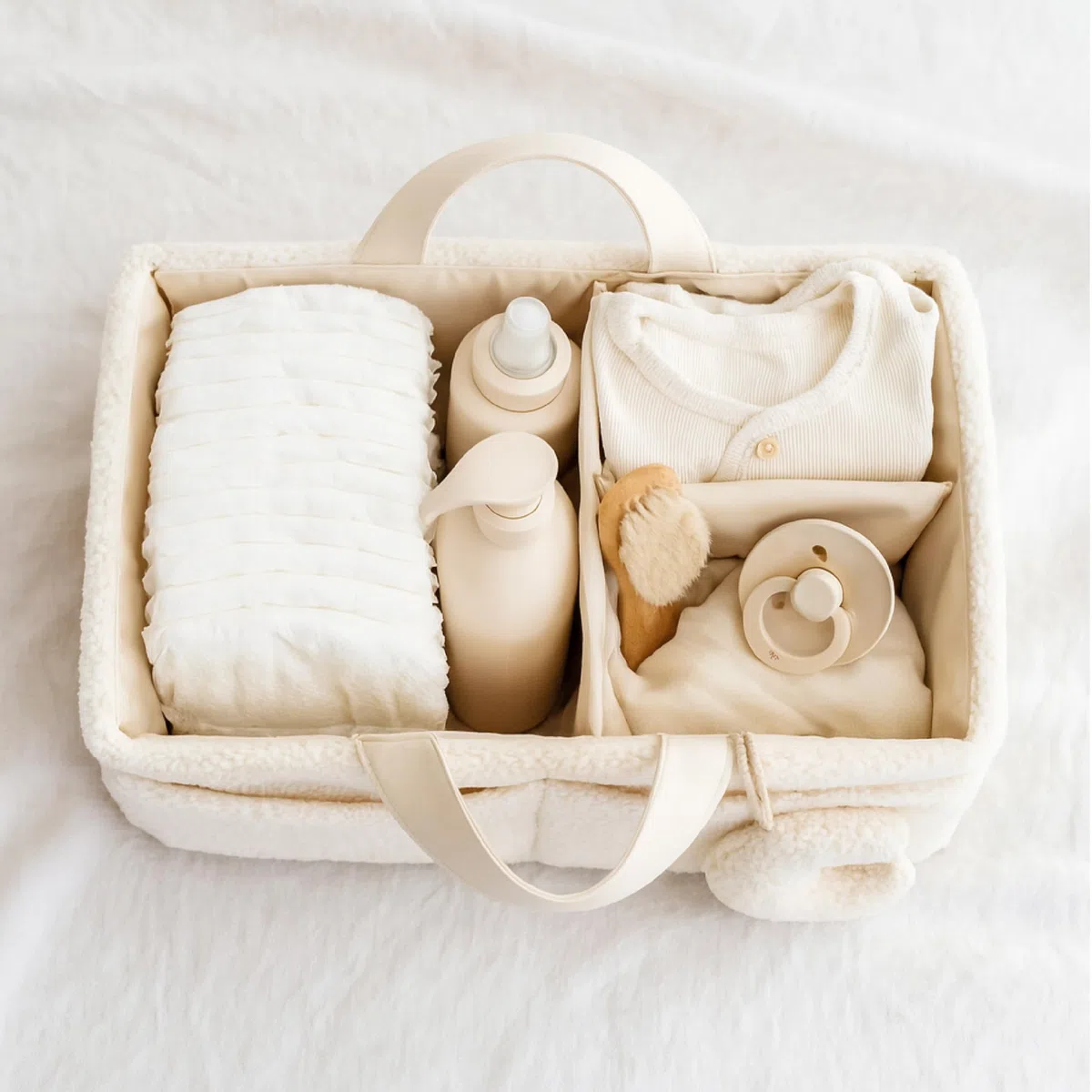 Orelle Bouclé Wickeltisch-Organizer mit passender Tasche und Mondanhänger, tragbarer Wickeltisch-Organizer, Must-Have für Babypartys, cremefarben