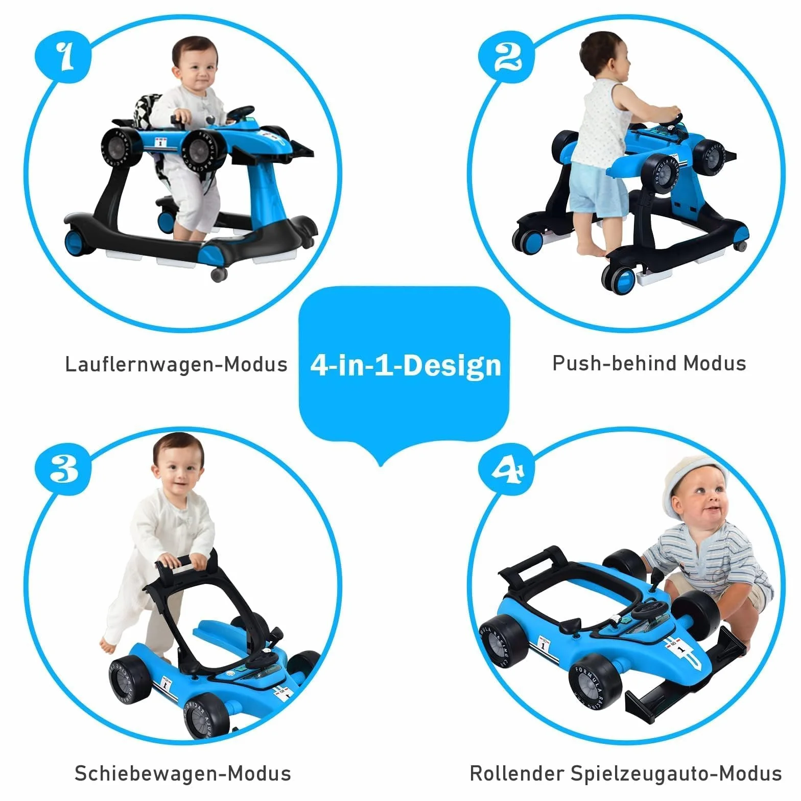 COSTWAY 4 in 1 Lauflernhilfe, Lauflernwagen klappbar mit einstellbarer Höhe & Geschwindigkeit, Baby Walker Autoförmig mit Musikbox, Licht & Rädern, Gehfrei Baby ab 6 Monaten, 12kg Belastbar (Blau)