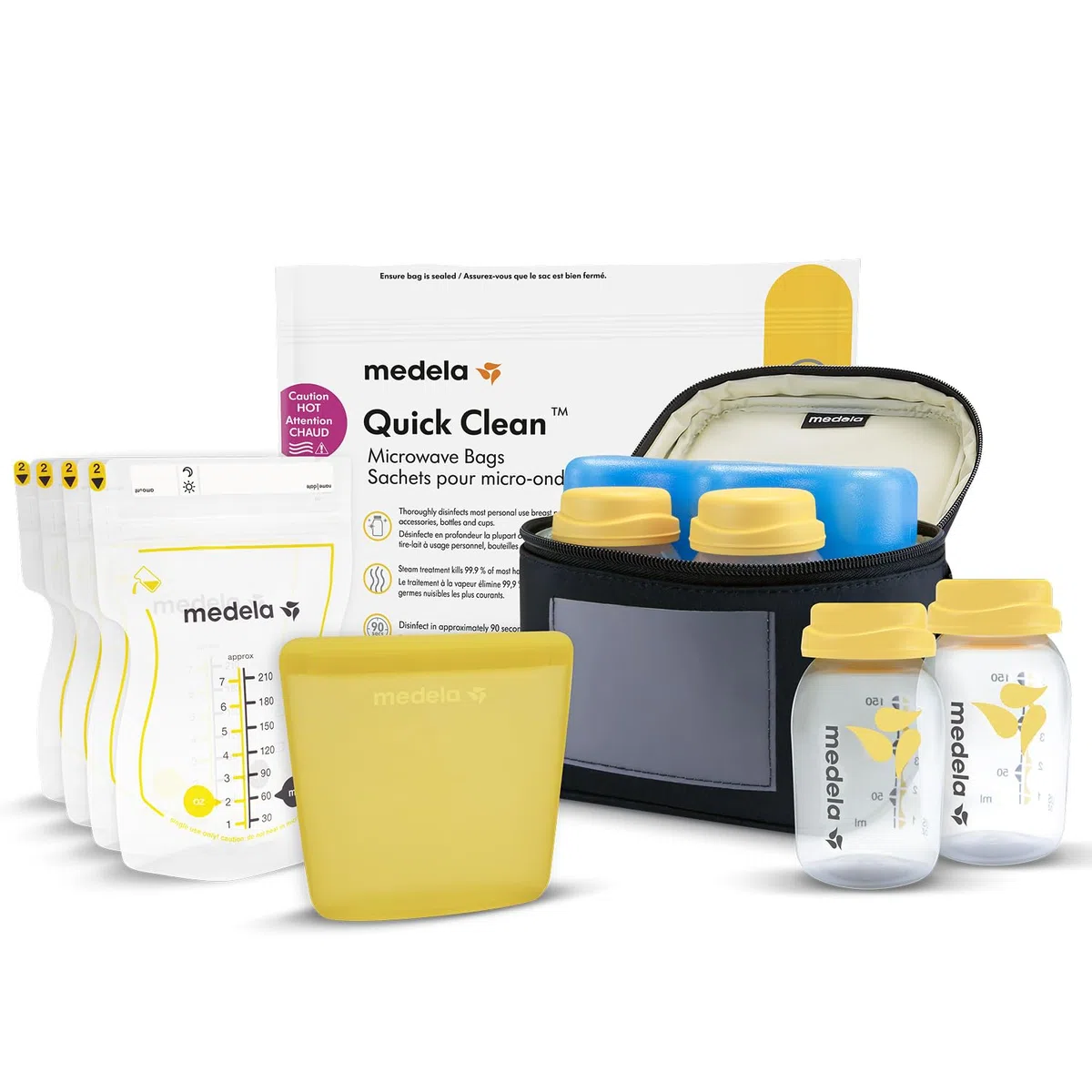 Medela All-in-One Set zur Aufbewahrung von Muttermilch mit 150ml-Flaschen, Easy Pour & wiederverwendbaren Muttermilchbeuteln, Quick Clean Mikrowellenbeuteln & Kühltasche mit passend geformtem Kühlakku
