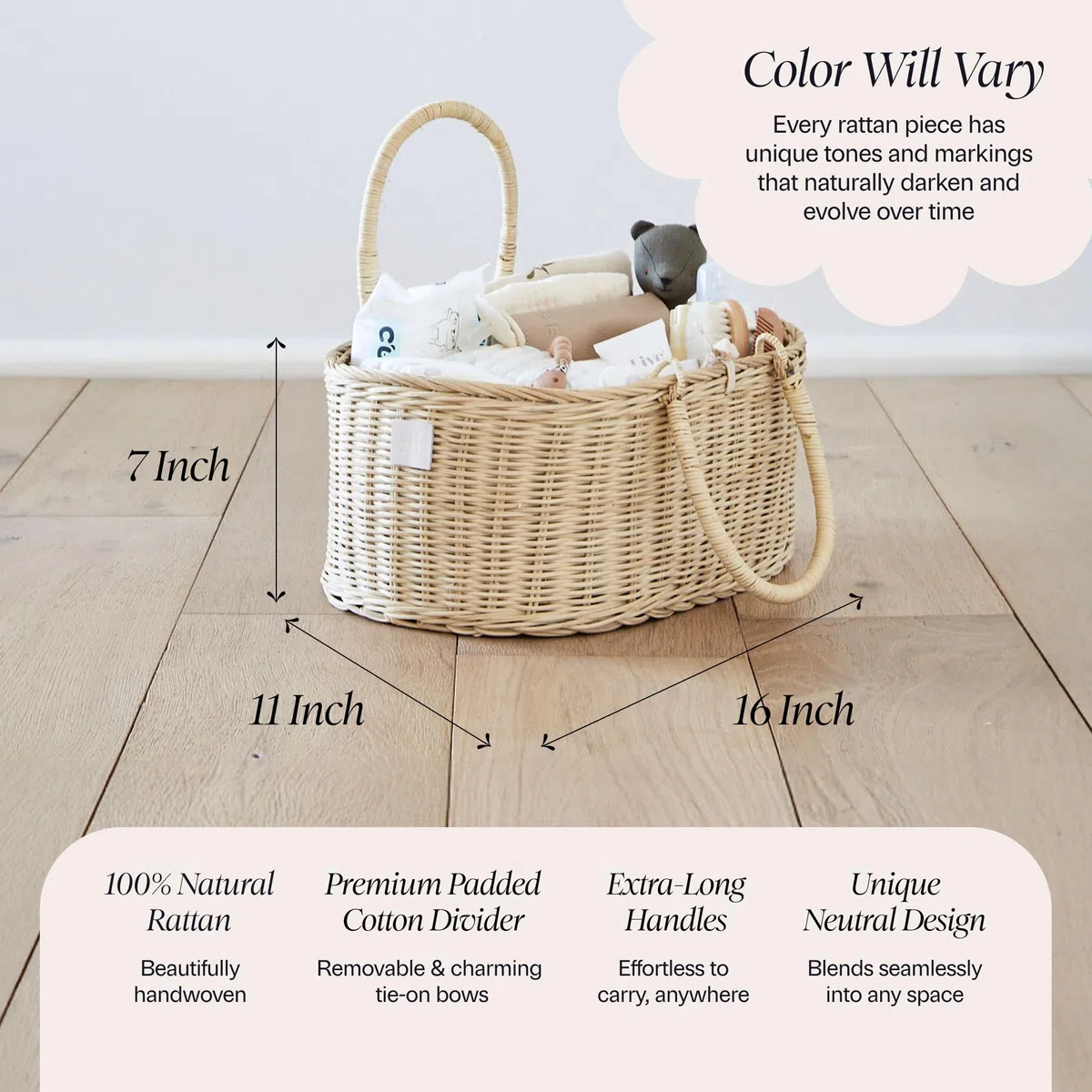 BEBE BASK Baby-Windel-Caddy Organizer – handgefertigter Bio-Rattan-Korb für Mädchen und Jungen – luxuriöse Aufbewahrung für Kinderzimmer