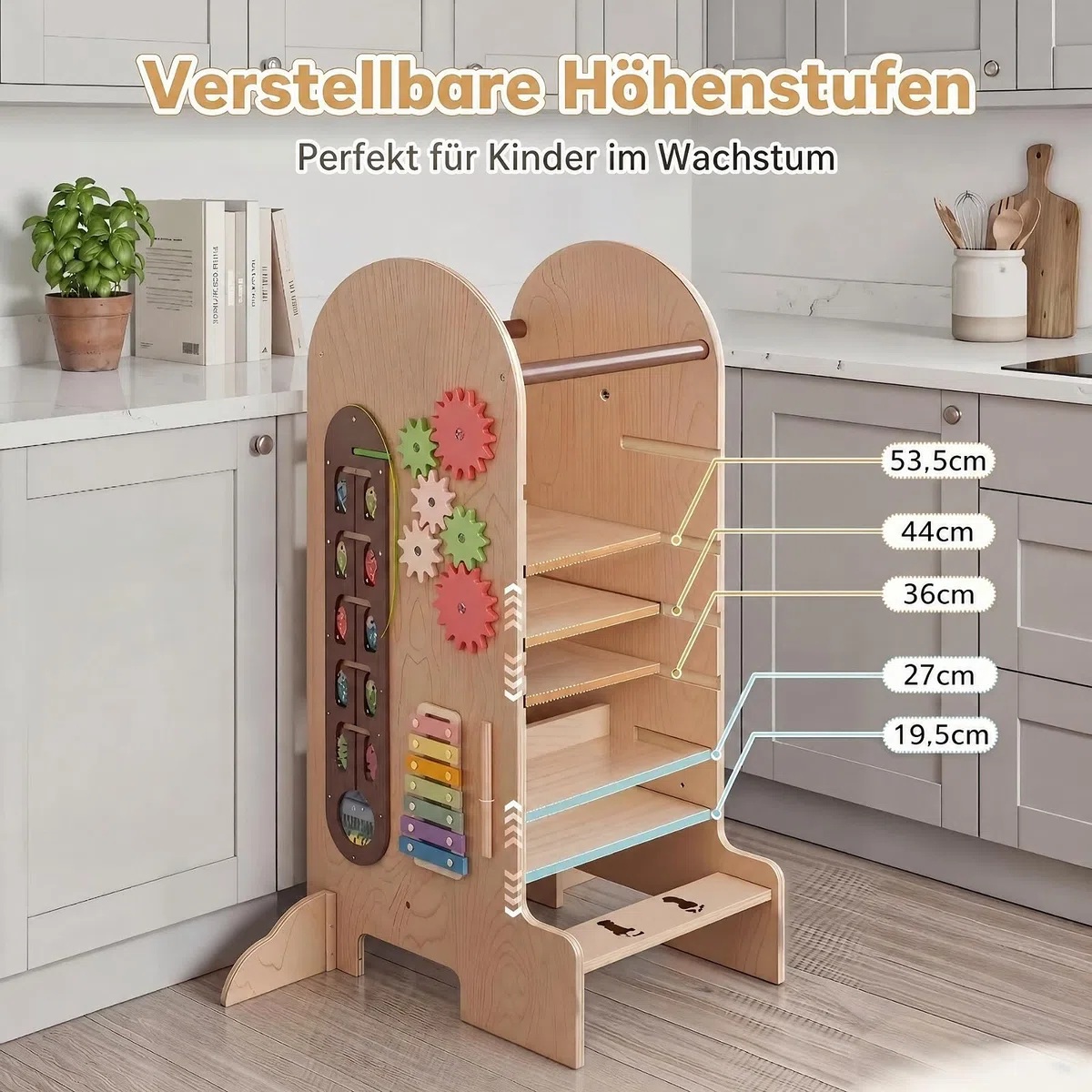 DREAMADE 4 in 1 Lernturm mit Rutsche, Trittleiter mit 3 verstellbaren Höhen | Tritthocker Montessori mit Abnehmbarer Tafel & Spielbrett, Learning Tower aus Buchenholz, Trittschemel für Kinder ab 3 Jahr