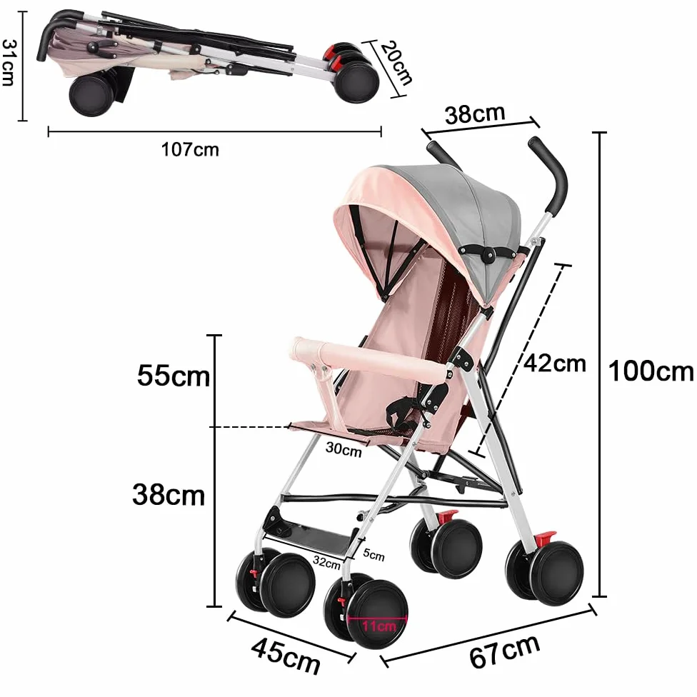Kinderbuggy, Kinderwagen Zusammenklappbar, Reise-Kinderwagen mit Wattepads und Moskitonetzen (Rosa)