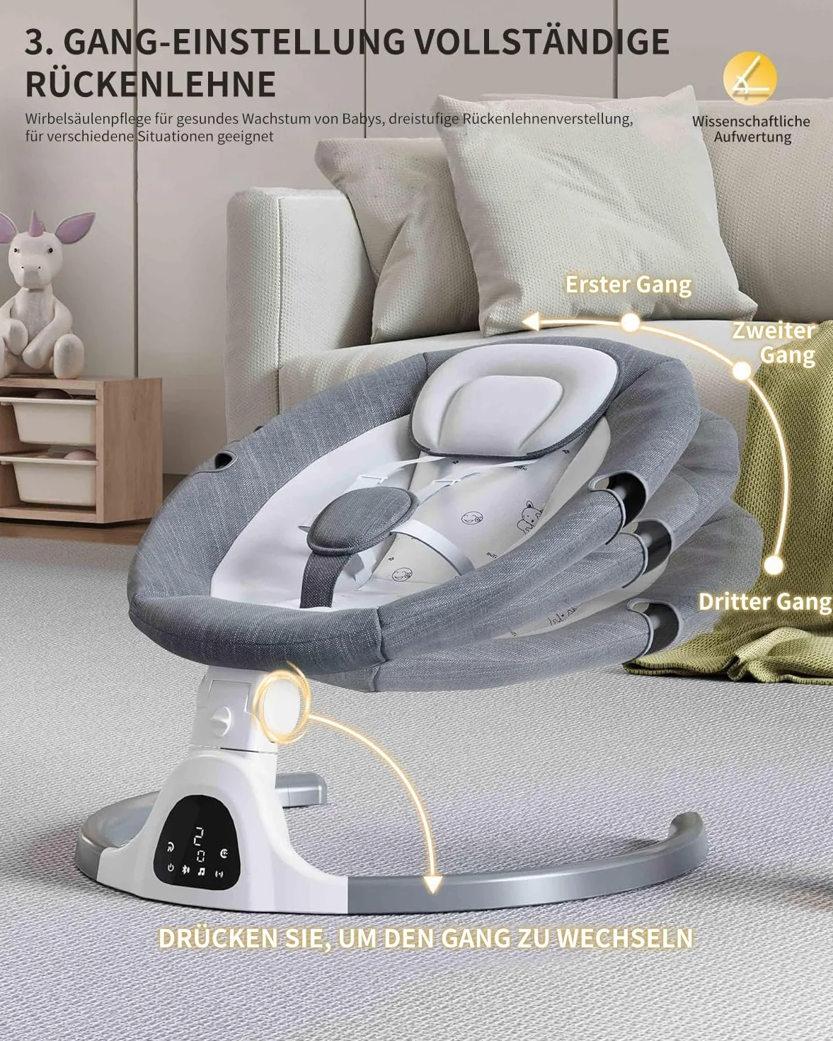 Bluetooth-Baby-Schaukel für Säuglinge, 5 Geschwindigkeit Musik-Lautsprecher mit 12 voreingestellten Schlaflieder, Fernbedienung Indoor-Baby-Wippe mit Touchscreen Stuhl für 0-9 Monaten (Khaki)