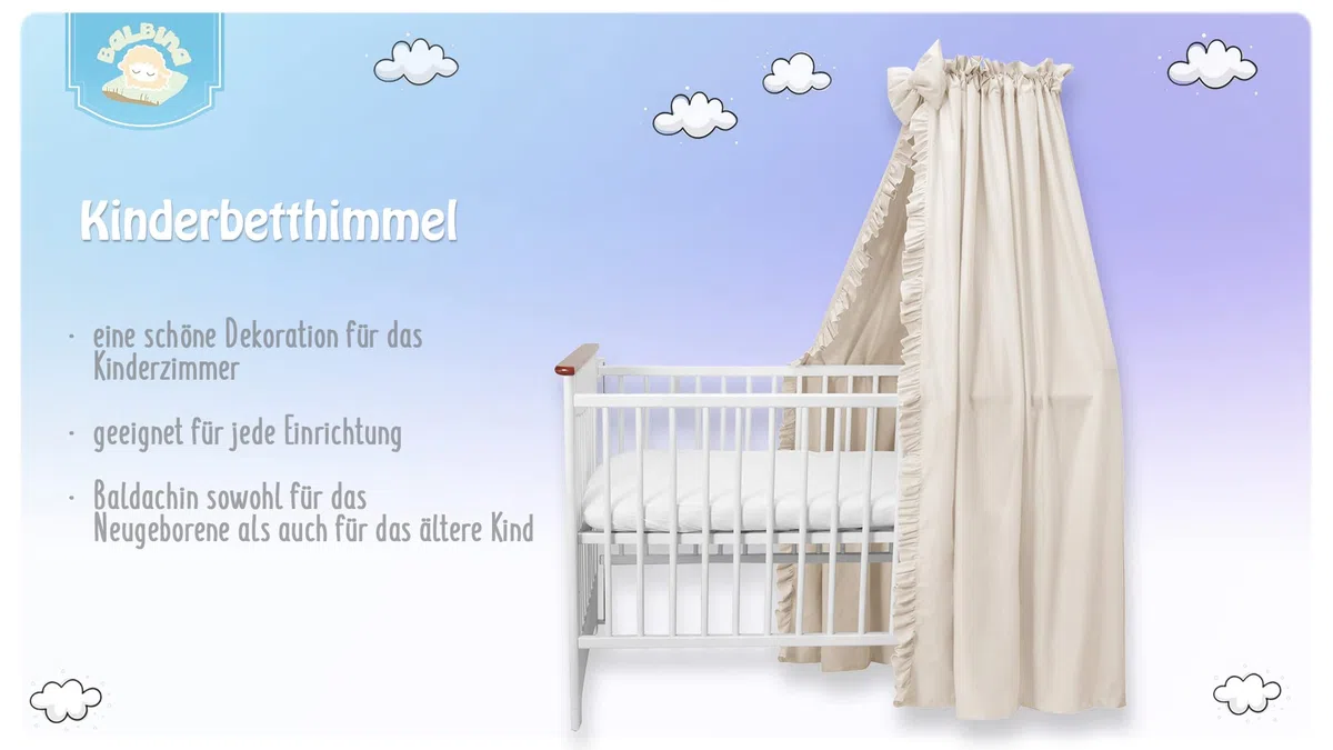 balbina Baldachin 100% Baumwolle, Deko-Set für Kinderbett, Betthimmel mit Rüsche & Schleife, Moskitonetz für Babyzimmer, Undurchsichtiger Bettvorhang ohne Himmelstange, 240 x 165 cm, Hellbeige