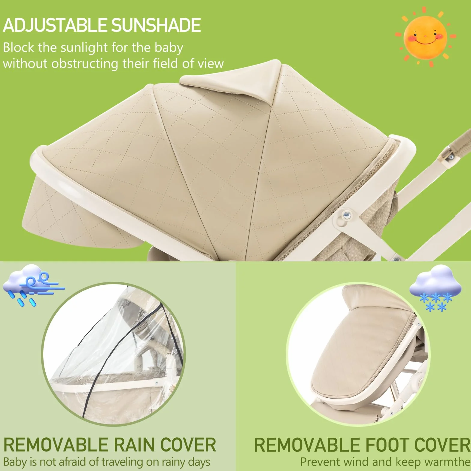 Zkiprm 3-in-1-Kinderwagen, 3-in-1-Reisesystem mit Autositz, mit Regenschutz, Aluminiumrahmen, Stadtwagen, faltbar, mit einer Hand, für Kinder von 0-4 Jahren,Khaqi