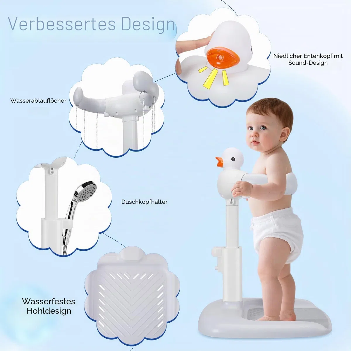 Baby Dusche Ständer mit Duschhalterung Klemmschutz, Einstellbarer (Ente) | Einfache Installation, mit Duschsitz & Antirutsch-Basis, für 6–36 Monate, Ideal als Babyduschständer und Babygeschenk
