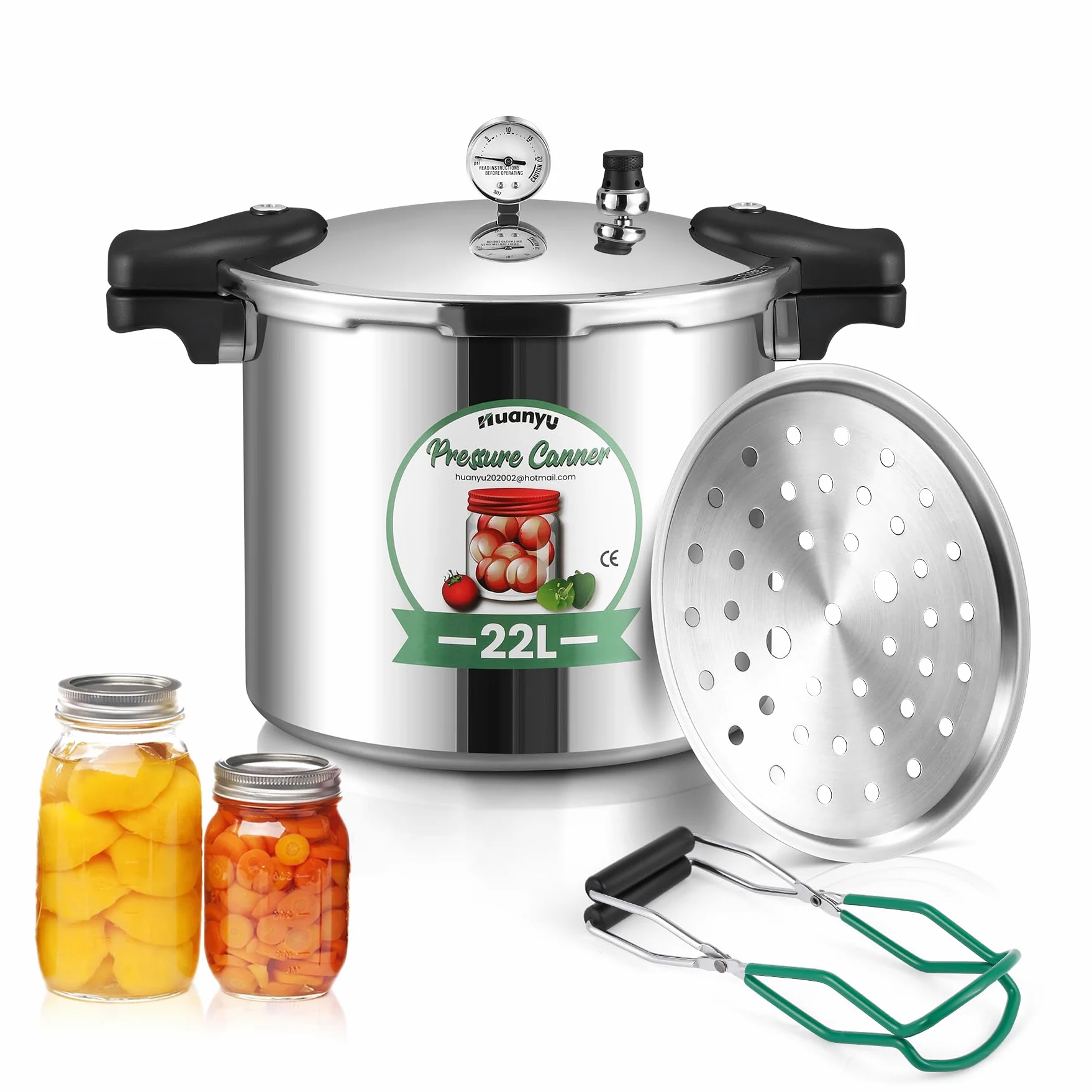 Huanyu 22L Druck Canner mit Manometer und 15PSI Druck Gewicht kann Sterilisator mit Alloy Base kompatibel für Induktion und Gasherde Druckkocher für Konserven