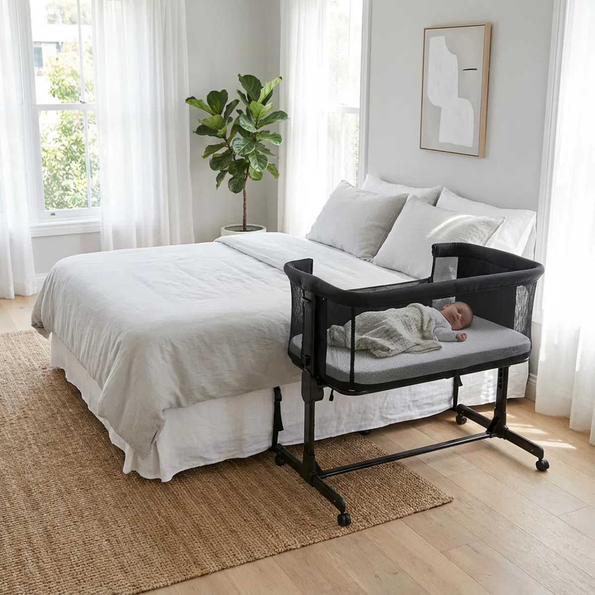 Deryan Snoozy Co-Sleeper 3 in 1 Babybett bis 9 kg, Beistellbett, Wiege, Höhenverstellug und Einstellung der Neigung der Matratze, 4 Räder mit Bremse Ergonomische Matratze Tasche (Schwarz)