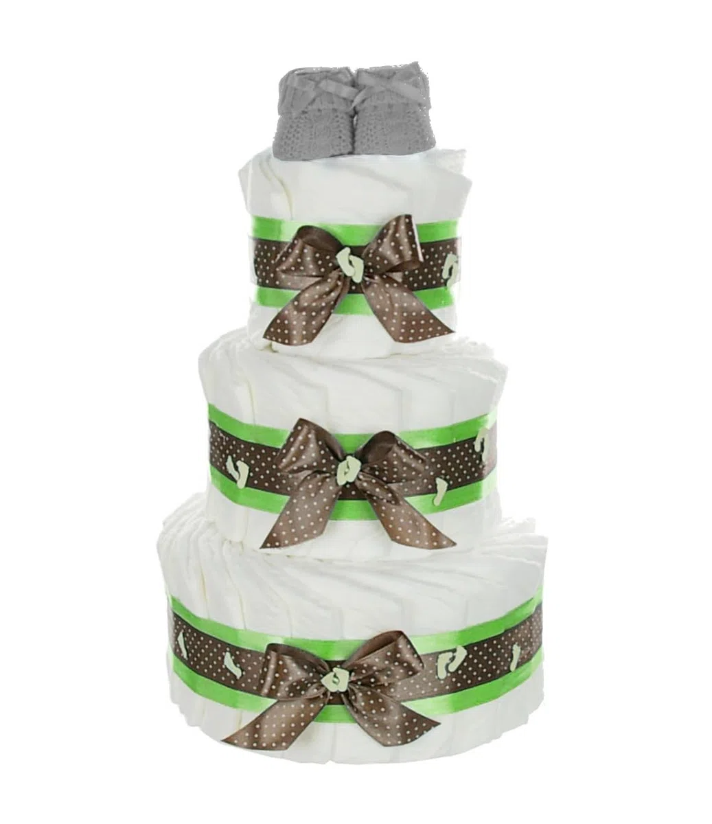Große Windeltorte mit Babybooties grün neutral / 59-teilig / 3-stöckig