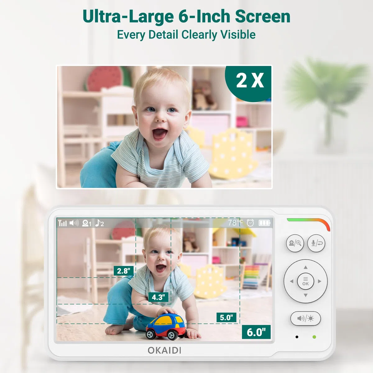 OKAIDI Babyphone mit Kamera und Audio, 15,2 cm (6 Zoll) IPS-Ultragroßer Bildschirm mit 30-Stunden-Akku, 305 m Reichweite, Babyphone ohne WLAN, Nachtsicht, 2-Wege-Talk, Fern-Pan-Tilt-Zoom-Kamera,