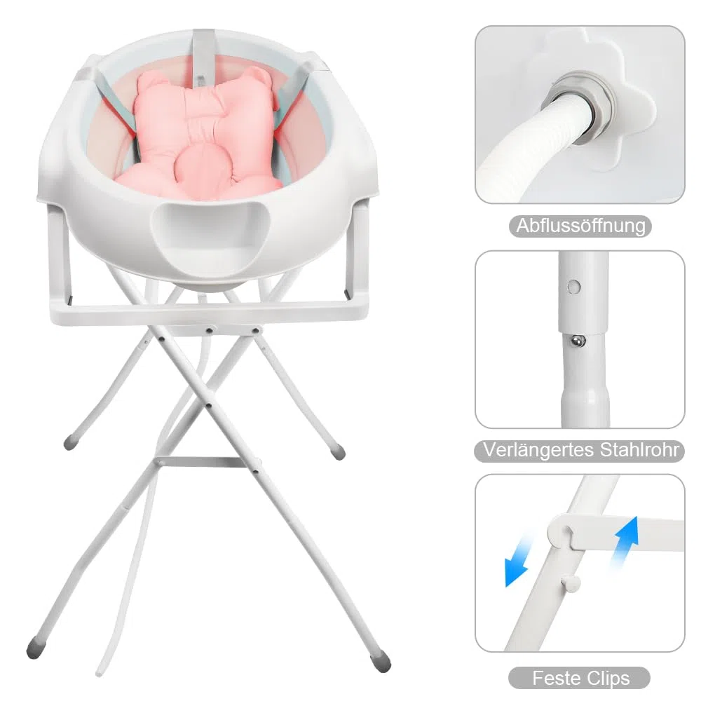 OHMG Baby Badewanne mit Gestell 82cm,Faltbare Babybadewanne mit Rutschfestem Ständer,Baby Wanne,Badewanneneinsatz Baby für Neugeborene Kleinkinder,Groß Volumen (Rosa-66x61x82cm)