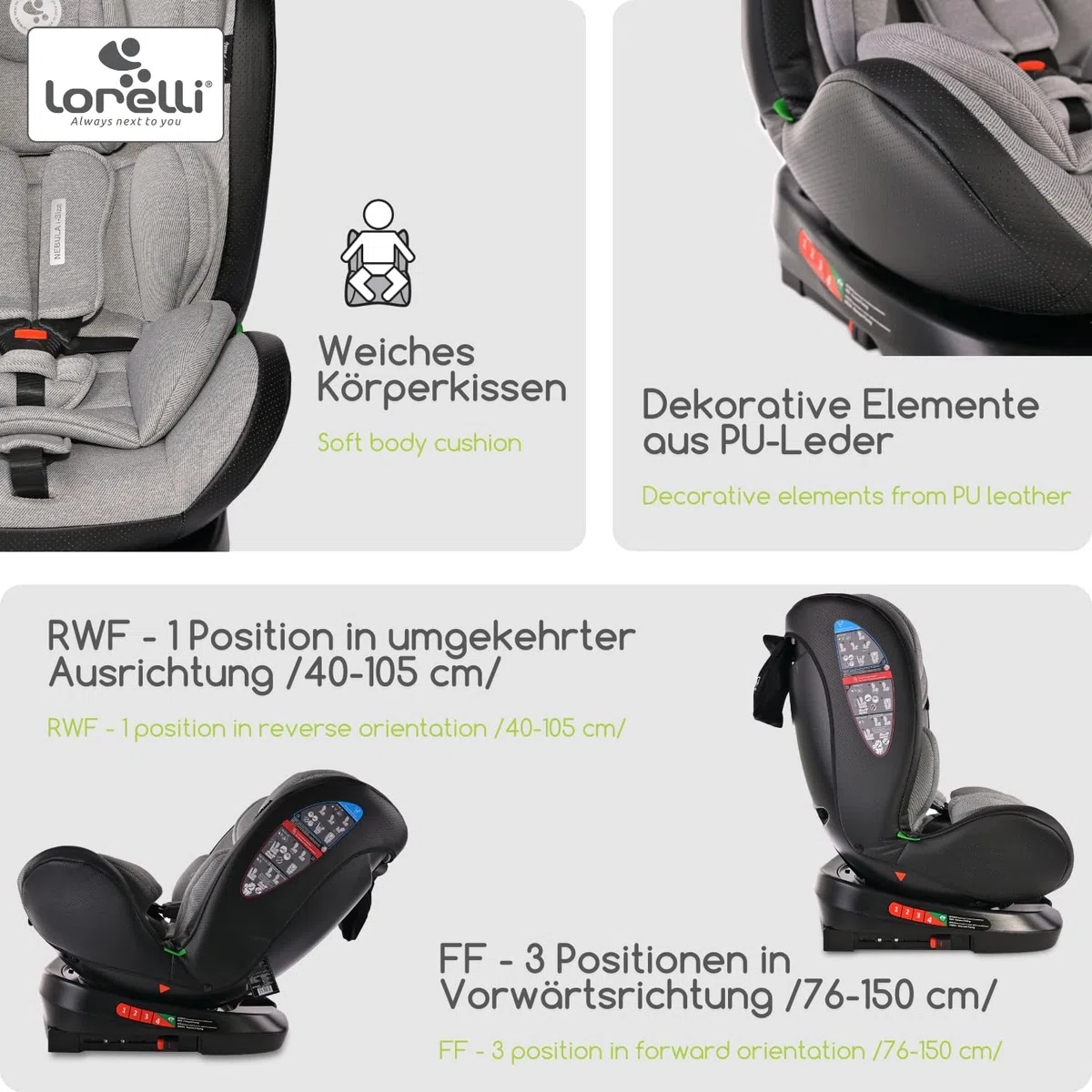 Lorelli Auto Kindersitz Nebula mit Isofix, 360 Grad drehbar, (0-36 kg) Mitwachsender Autositz i-Size 40-150cm - Gruppe 0+/1/2/3, Babysitz ab Geburt, 5-Punkt-Gurt, Einstellbare Kopfstütze, grau