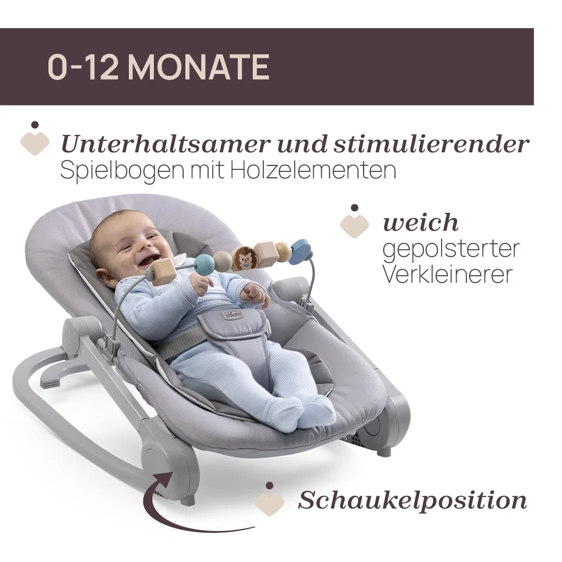 Chicco Wippe Magia 2-in-1: Babywippe und erster Sitz bis 18 kg, Spielbügel mit Holzelementen, Mini-Sitzverkleinerer inklusive, Schaukel- oder feste Position und verstellbare Rückenlehne