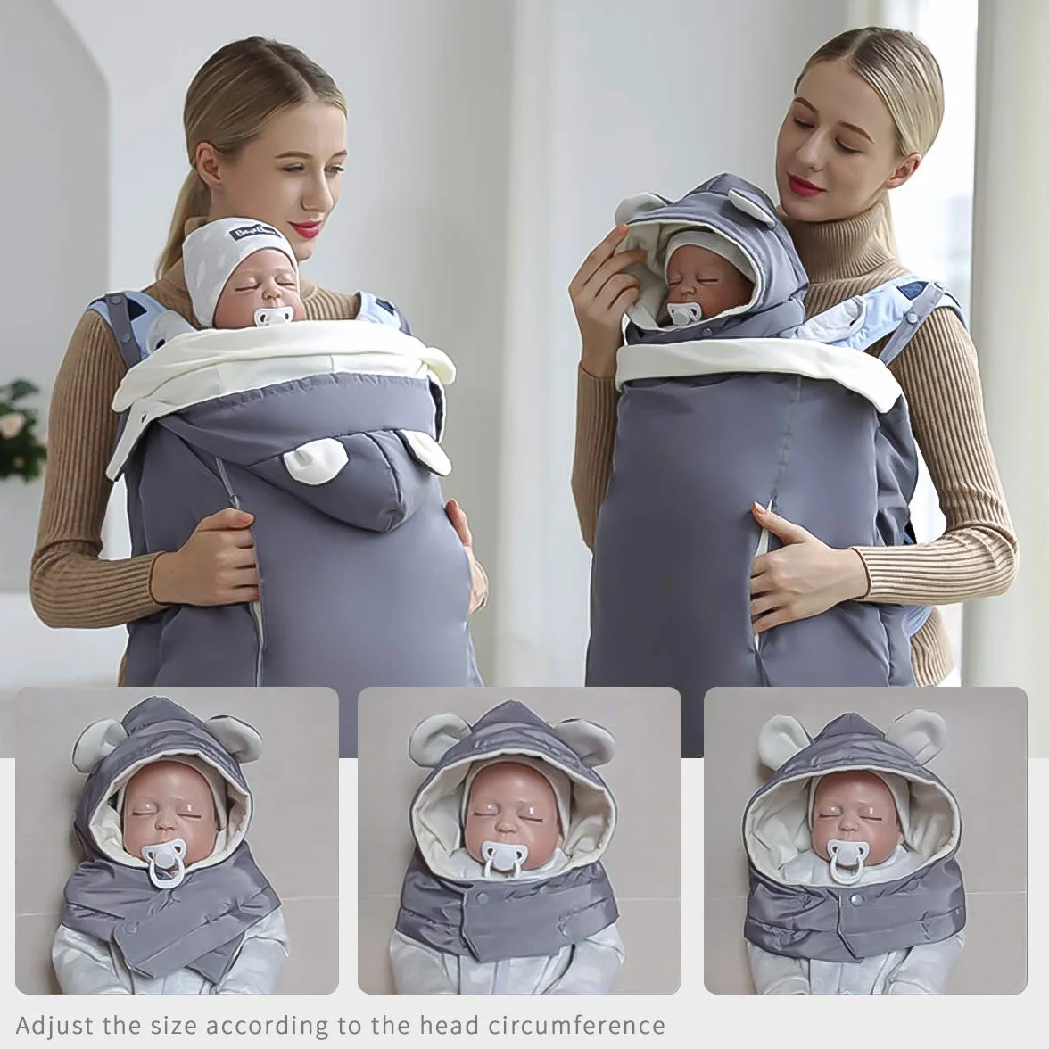 SONARIN Universal All Seasons Regenschutz für Babytrage, Wintermantel warm, Fußsack, Winddicht, Wasserdicht, Abnehmbarer Hut(Rosa)