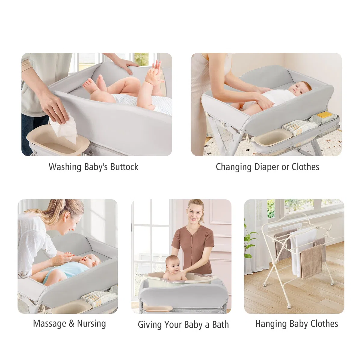 LIFEZEAL Baby Wickeltisch, Wasserfeste Badewanne, Wickelauflage faltbar aus Waldorf-Strickstoff und PP, 11 KG Tragkraft, für Babys 0-6 Monate (Grau)