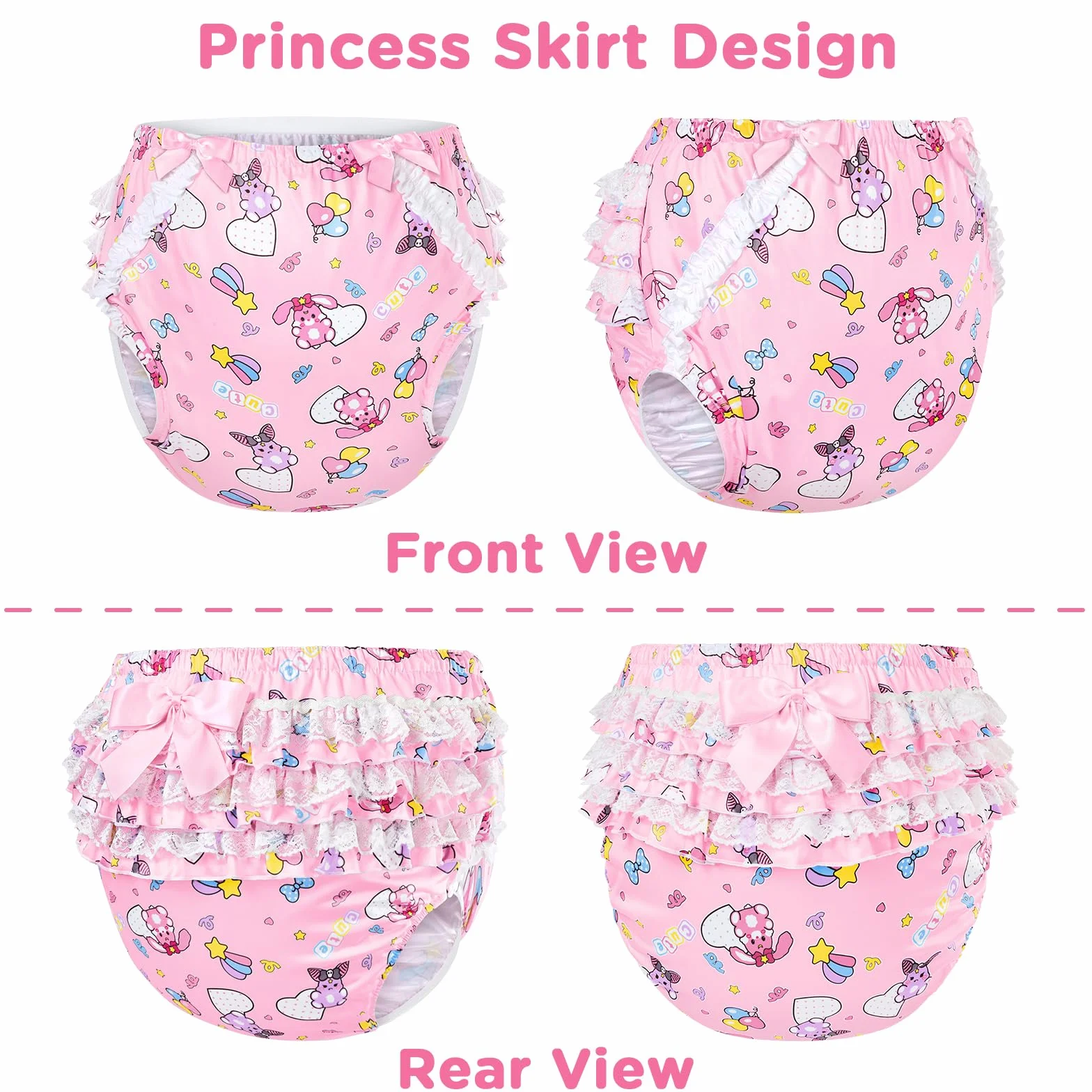 LittleForBig Seidenartiger Waschbarer Wiederverwendbarer Wasserdichter Rüschenspitze mit Satinband Baby Usagi & Bella Muster Rüschen Erwachsene Windel Abdeckung Rosa L