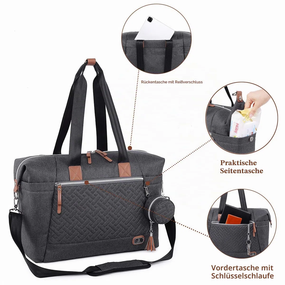 Dikaslon Wickeltasche mit Schnullertasche und Wickelunterlage, Große Reisewindeltasche für Mama und Papa, Multifunktions-Babytasche für Jungen und Mädchen (Dunkelgrau)