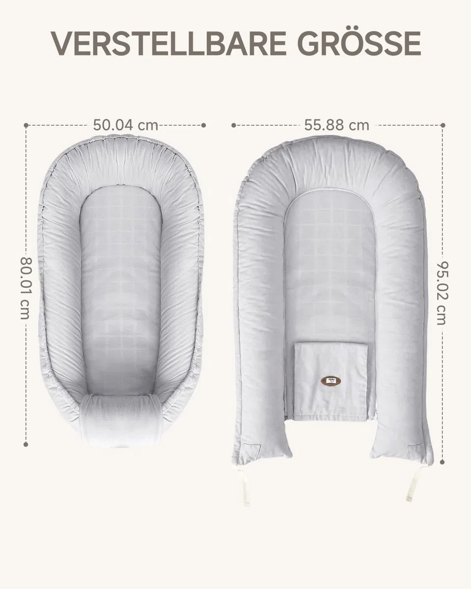Babynest Neugeborene 95x56cm,Vollständig Abnehmbar Nestchen Baby,Waschbar Verstellbar Babynestchen Tragbar,Multifunktional Kuschelnest für Jungen und Mädchen,Grau