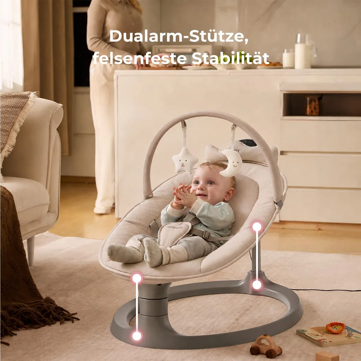 Momcozy 2-in-1 Elektrische Babywippe, 4 Bewegungen & 4 Geschwindigkeiten, Doppelarm-Struktur, 2 Liegepositionen, Wiegenlieder & Plüschspielzeug, Ab Geburt bis 30 kg, 0-6 Jahre