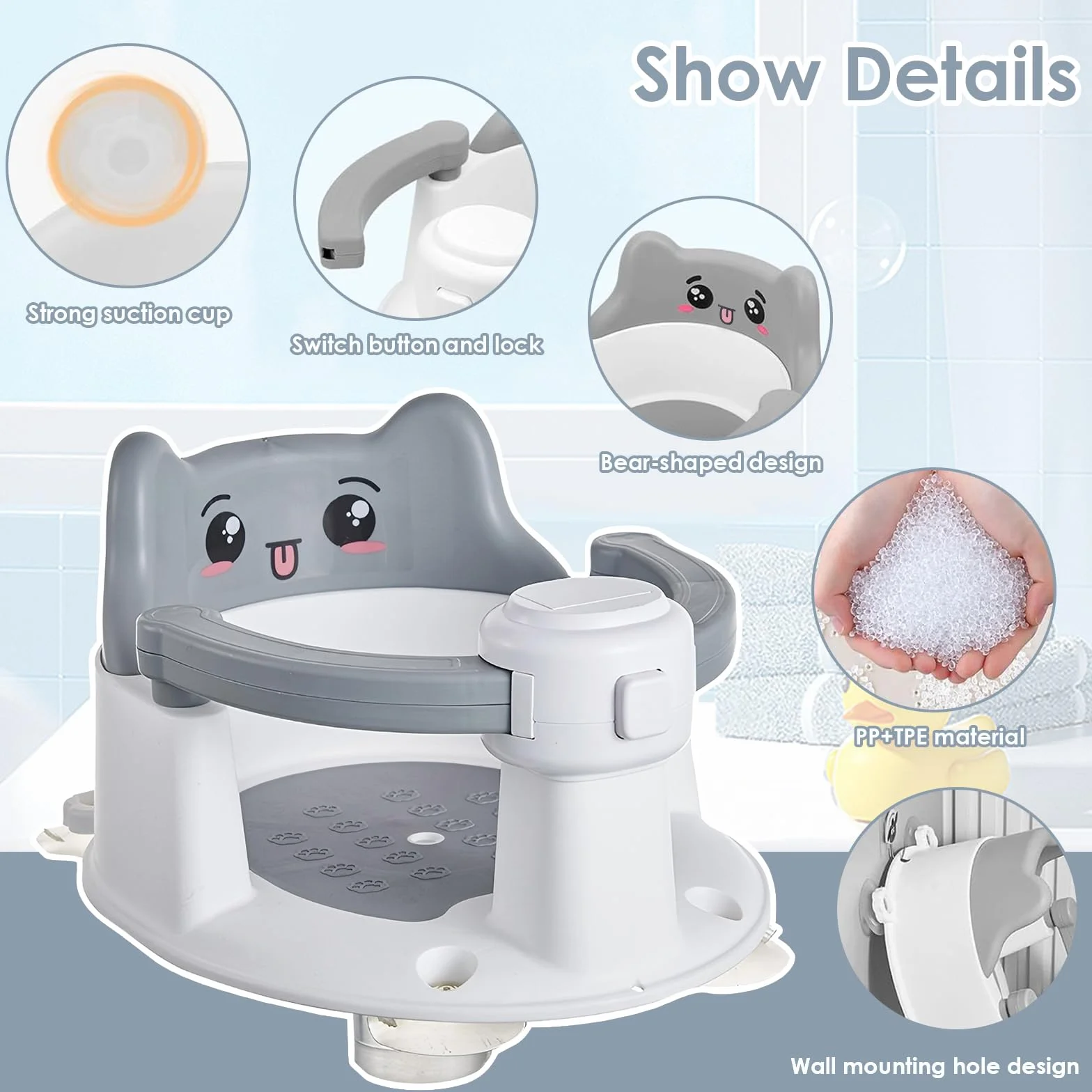 Badewannensitz Baby, Baby Badewannensitz mit 4 rutschfesten Saugnäpfen, Badesitz Baby ab 6 Monate, Tragbar und Sicher für Dusche oder Badewanne, Wandmontage zur Platzersparnis