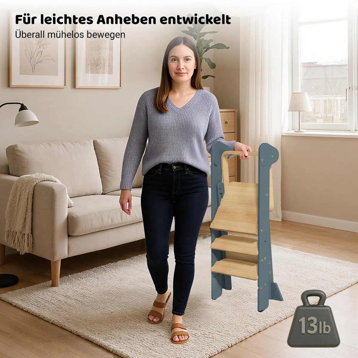 COSYLAND Lernturm ab 1 Jahr klappbar – iF Design Award Gewinner, höhenverstellbarer Lernturm mit Sicherheitsnetz, Montessori Learning Tower/Lernstuhl für Kinder, Holz (Schieferblau & Natur)