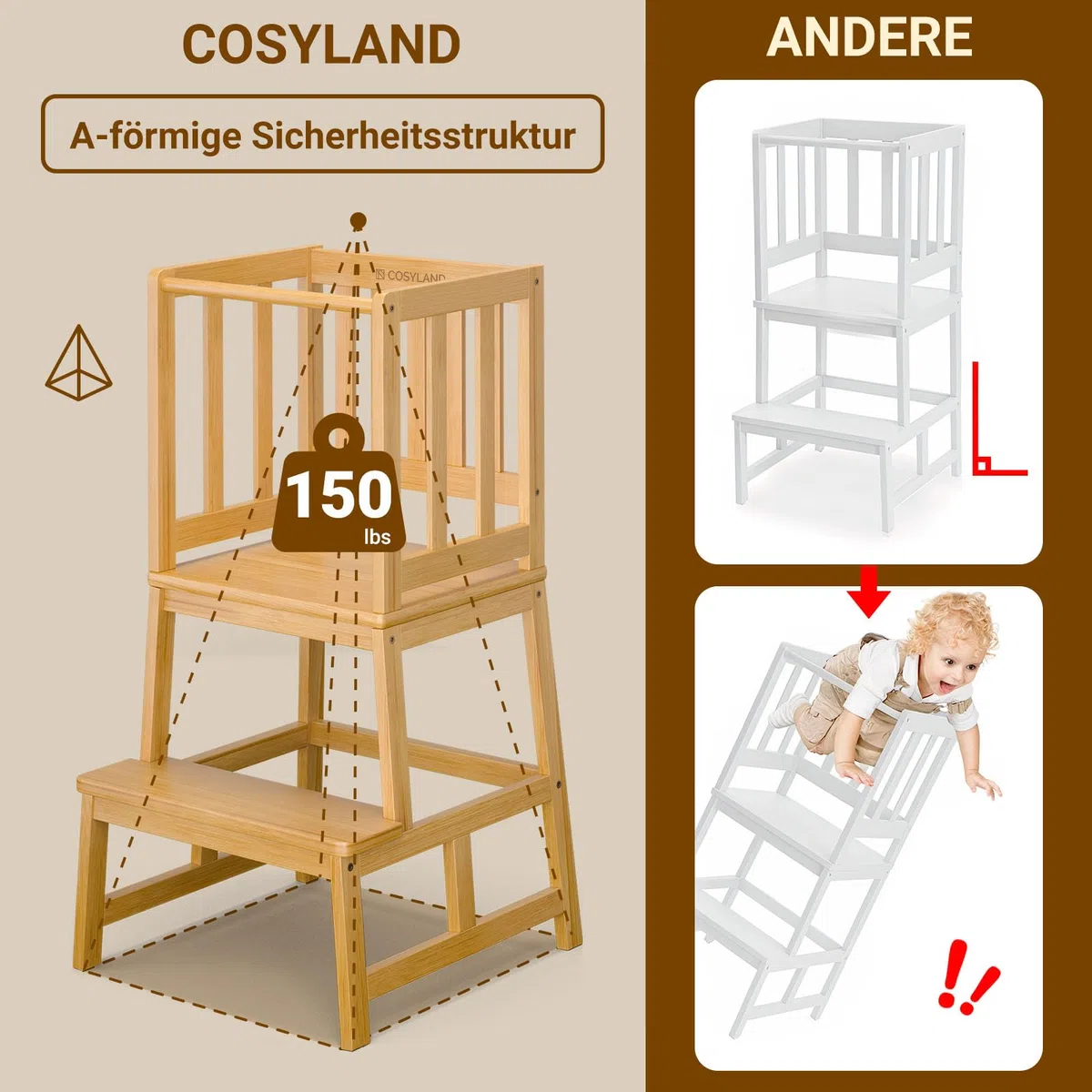 COSYLAND Lernturm ab 1 Jahr – Montessori Learning Tower für Kinder – Sicherer Kinder Lernturm ab 2 Jahre – Stabiler Toddler Tower, Naturfarbe
