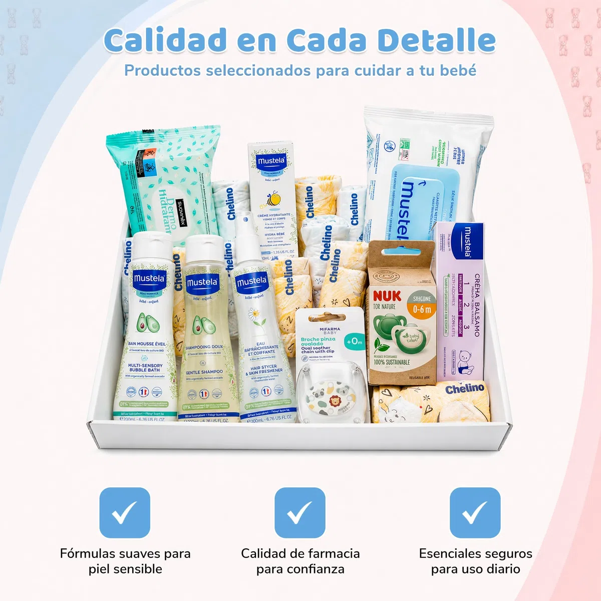 Geschenkkorb für Babys | Enthält Gel, Shampoo, Eau de Cologne und mehr | Schnuller und Clip 0-6 Monate | 10 Windeln Größe 2